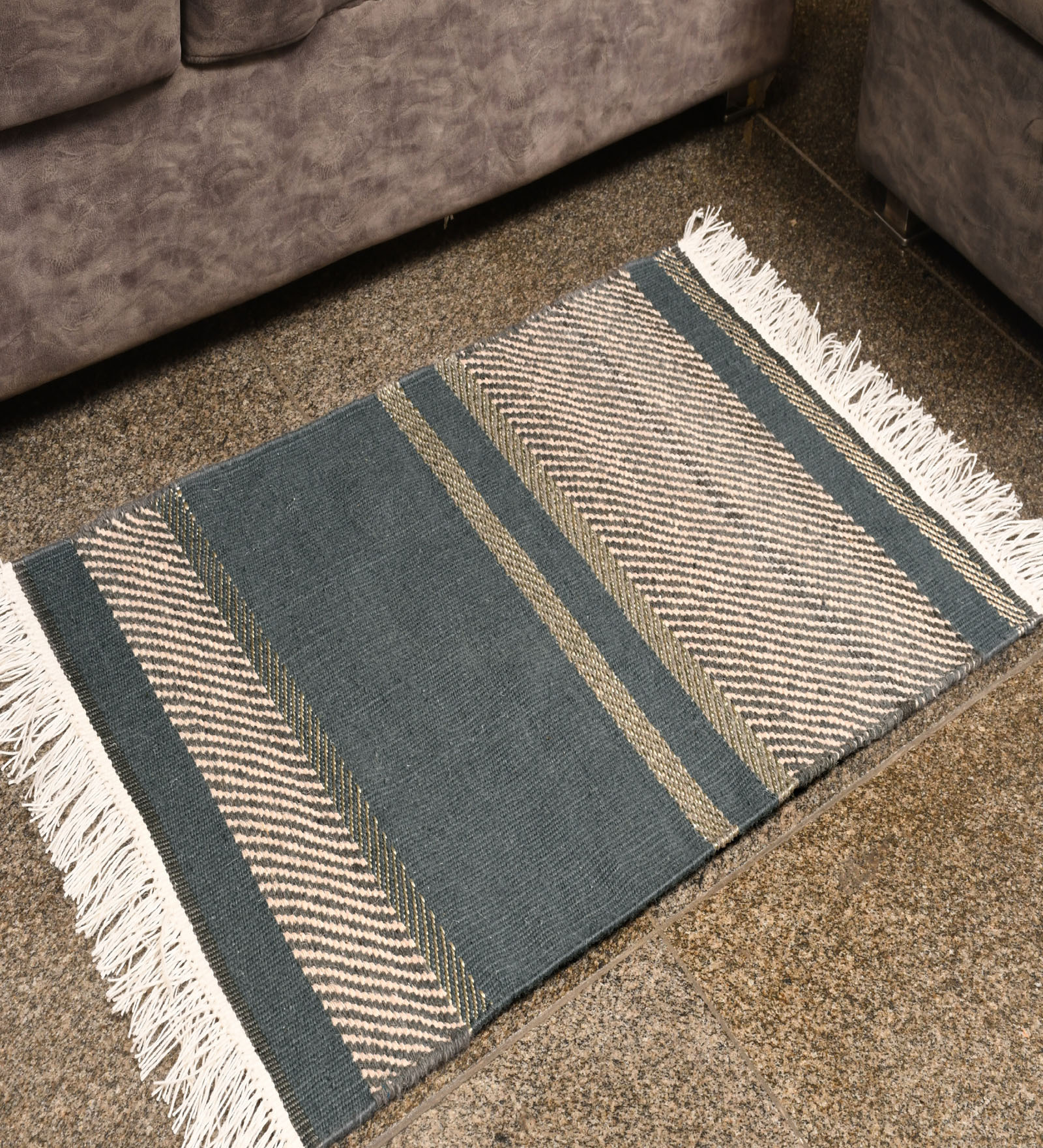 Blue Stripes Wool And Polyester Hand Woven Carpet