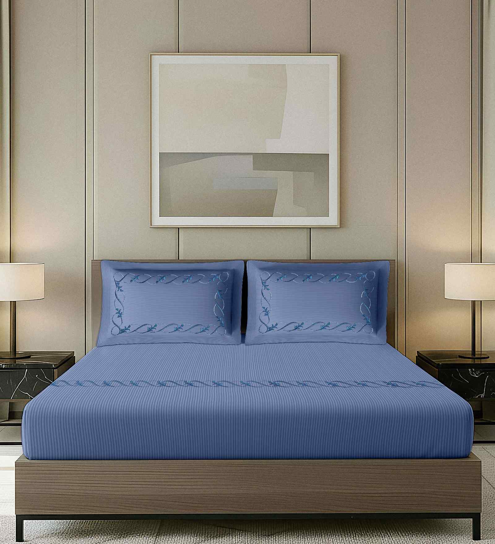 Blue Striped Pattern With Floral Embroidery 500 TC Cotton King Double Bedsheet With 2 Pillow Covers