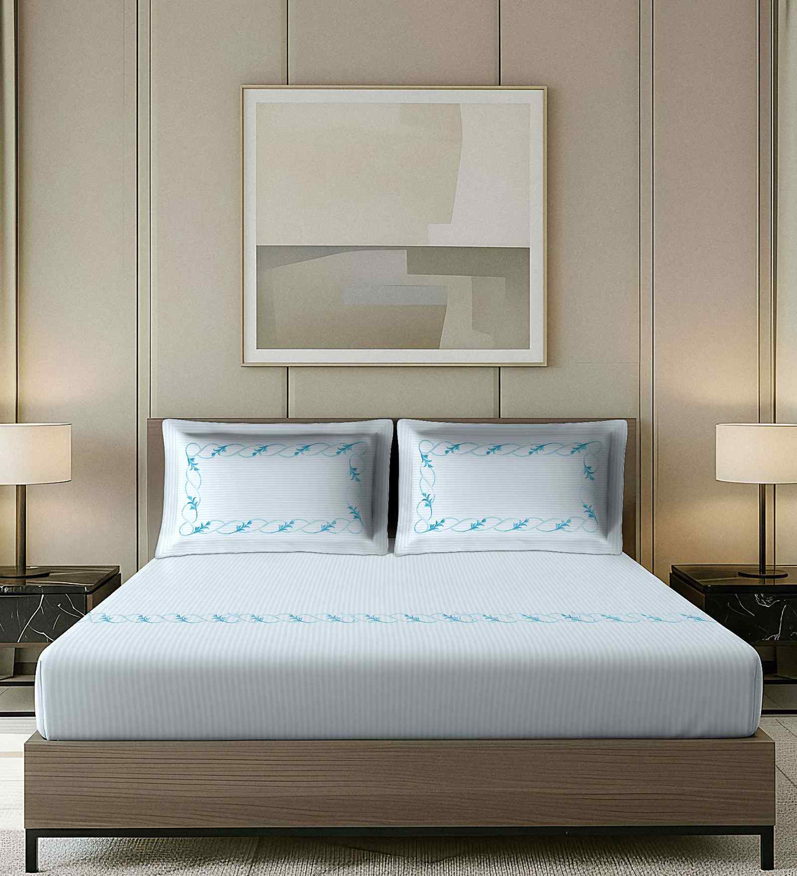 Blue Striped Pattern With Floral Embroidery 500 TC Cotton King Double Bedsheet With 2 Pillow Covers