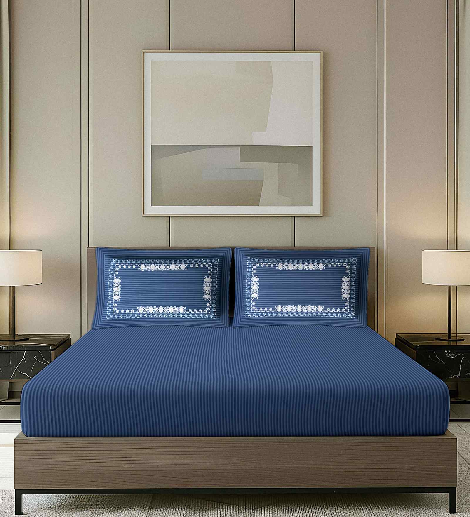 Blue Striped Pattern With Floral Embroidery 500 TC Cotton King Double Bedsheet With 2 Pillow Covers