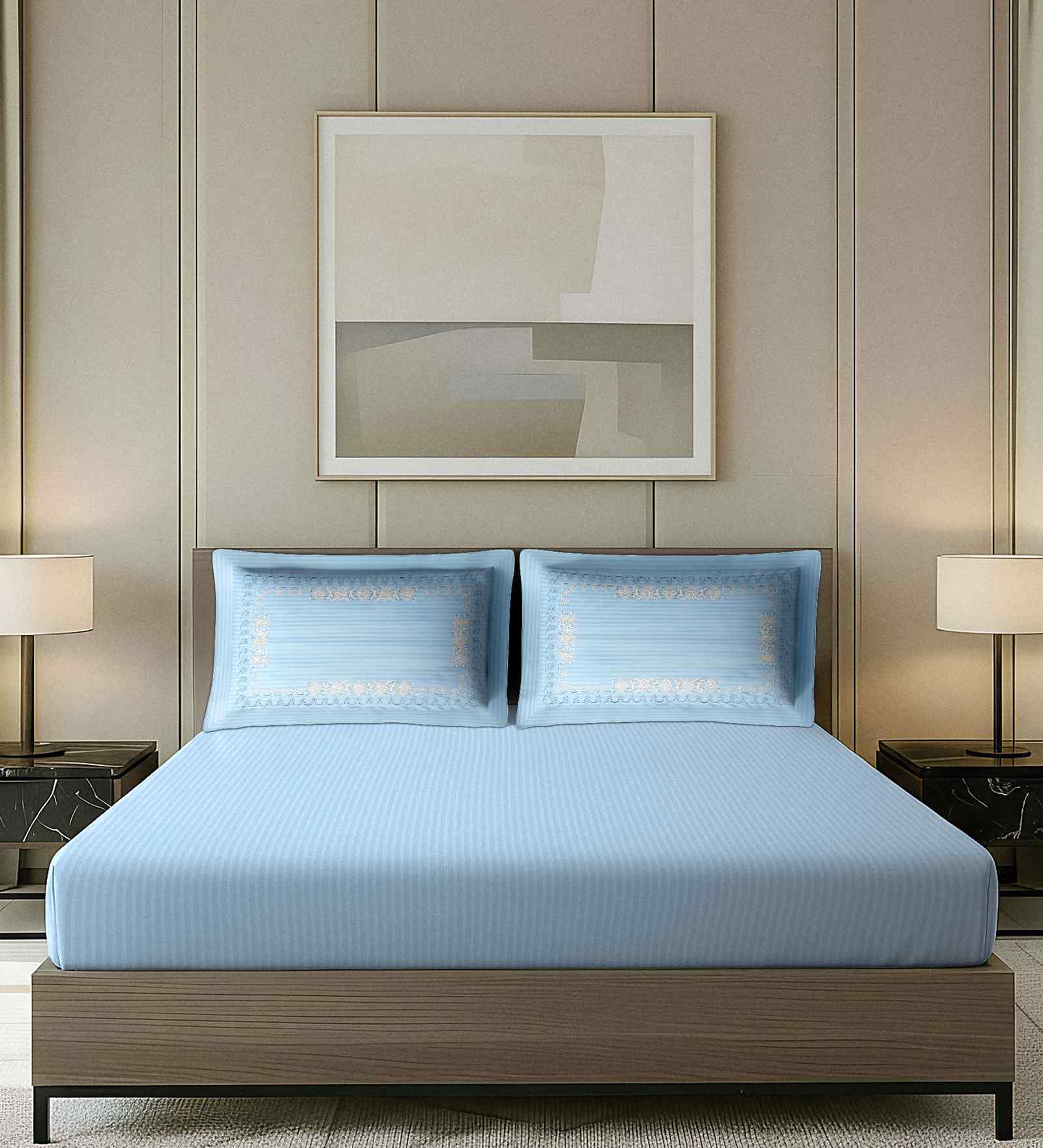 Blue Striped Pattern With Floral Embroidery 500 TC Cotton King Double Bedsheet With 2 Pillow Covers