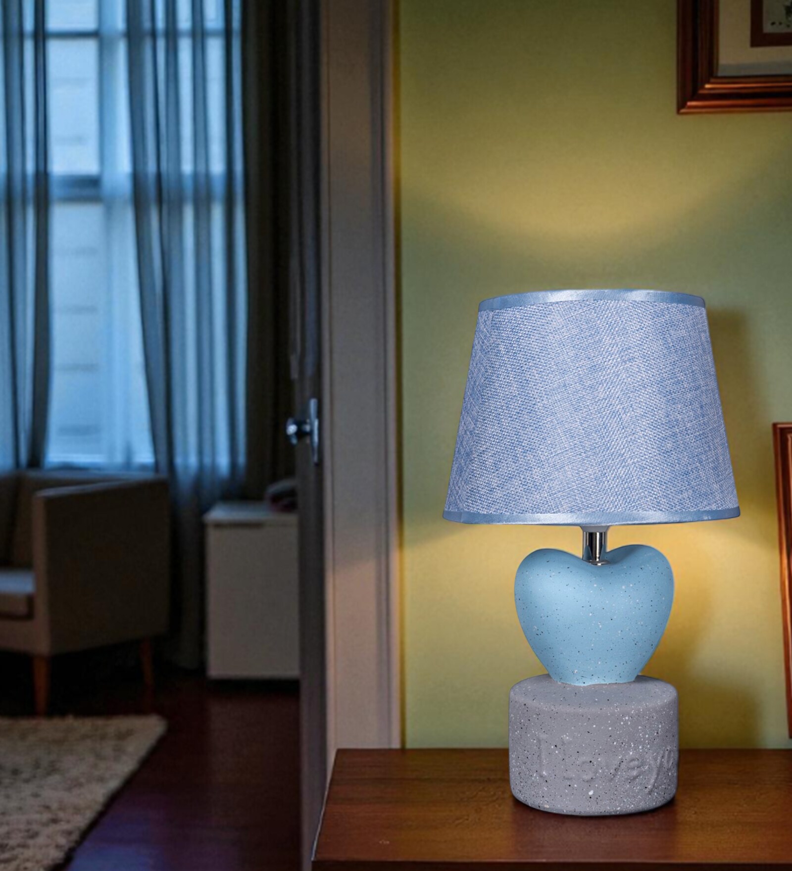 Blue Table Lamp Modern Design With Fabric Lampshade Heart Shaped Ceramic Base