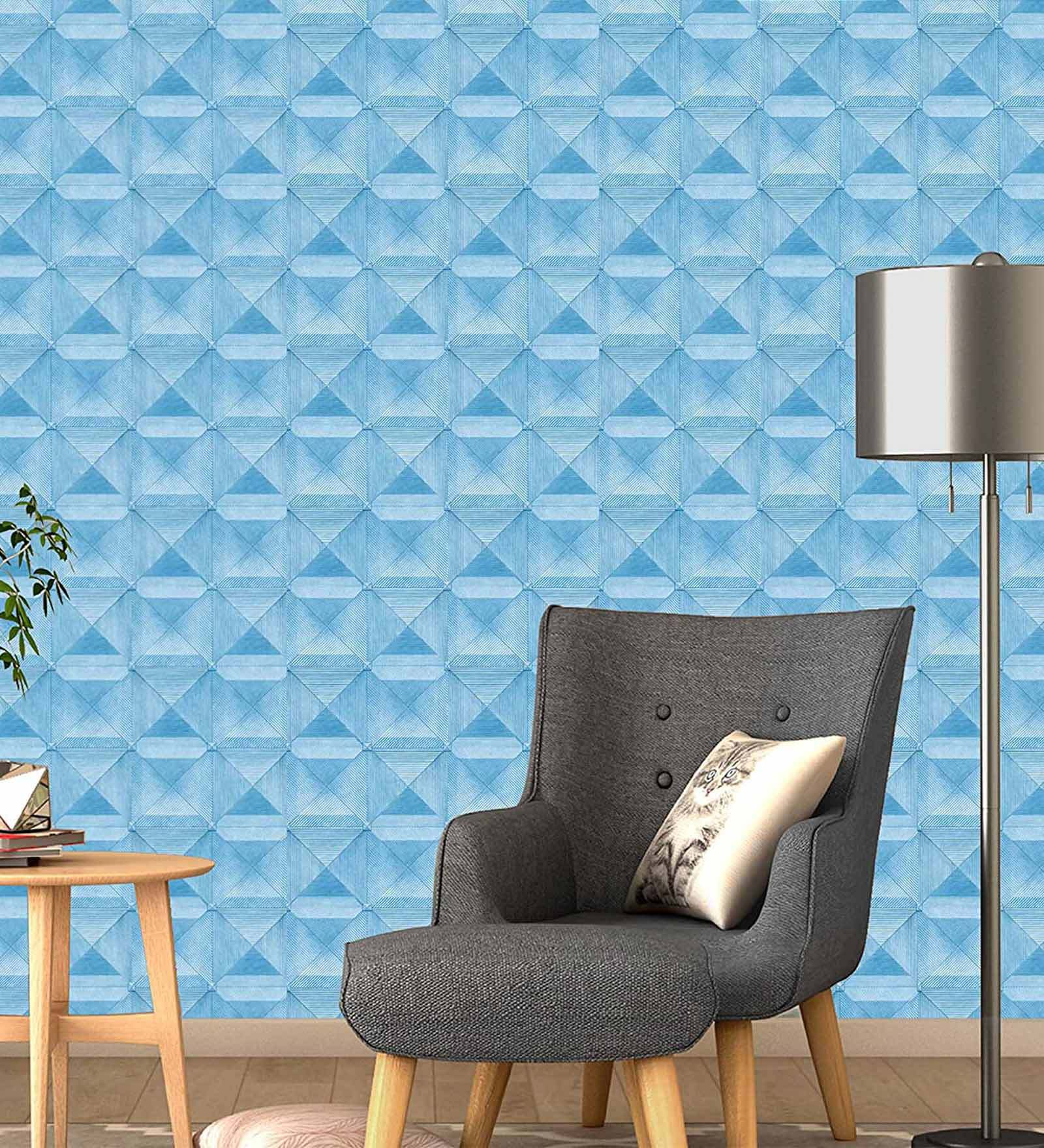 Blue Textured Geometric Pyramids Wall Paper