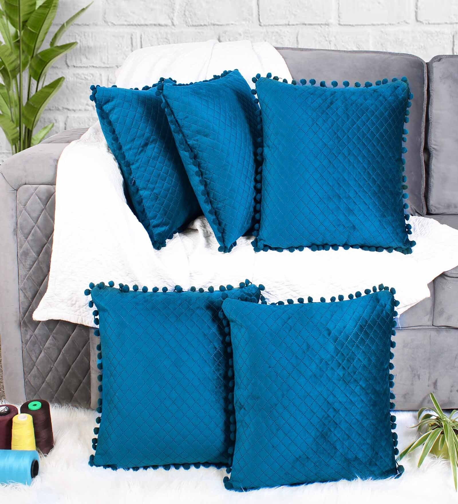 Blue Textured Velvet 16 x 16 Inches Cushion Covers (Set of 5)