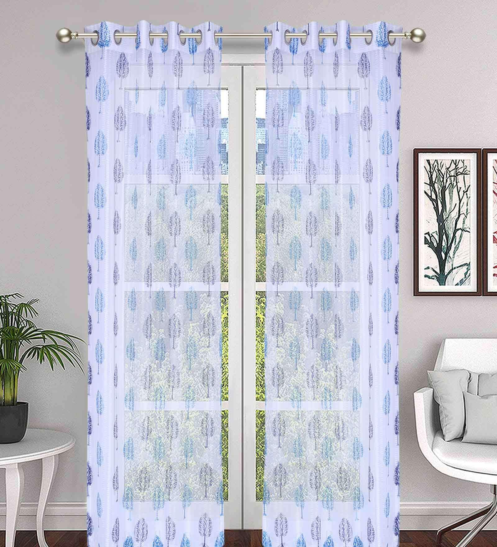 Blue Abstract Tissue 7 Ft Semisheer Eyelet Door Curtains (Set of 2)