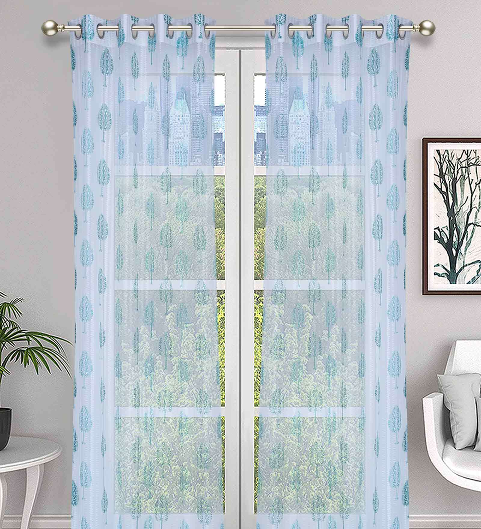 Blue Tissue Semisheer 9 Feet Eyelet Curtain (Set of 2)