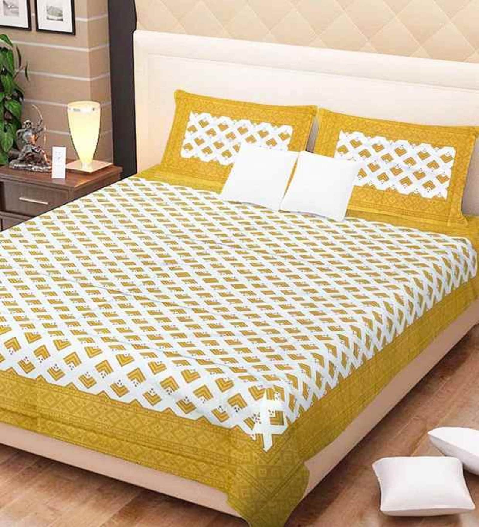 Yellow Traditional 120 TC 100% Cotton Queen Bedsheet With 2 Pillow Covers