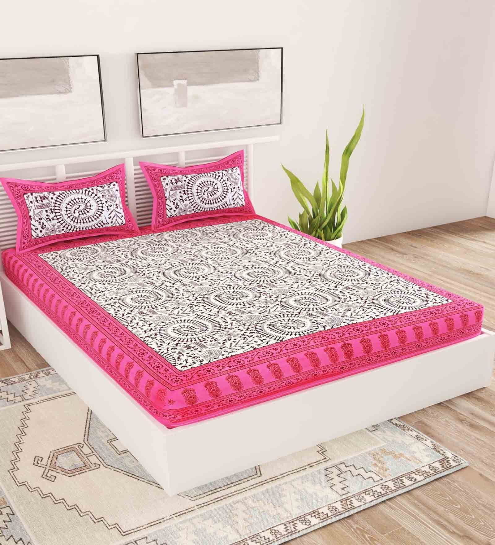 Blue Traditional 120 TC 100% Cotton Queen Bedsheet With 2 Pillow Covers