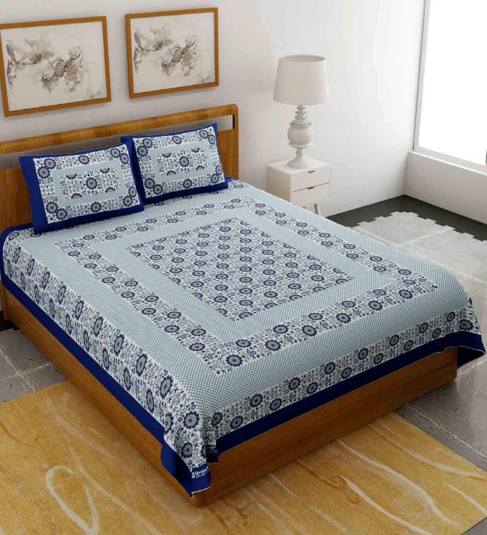 Blue Traditional 120 TC 100% Cotton Queen Bedsheet With 2 Pillow Covers