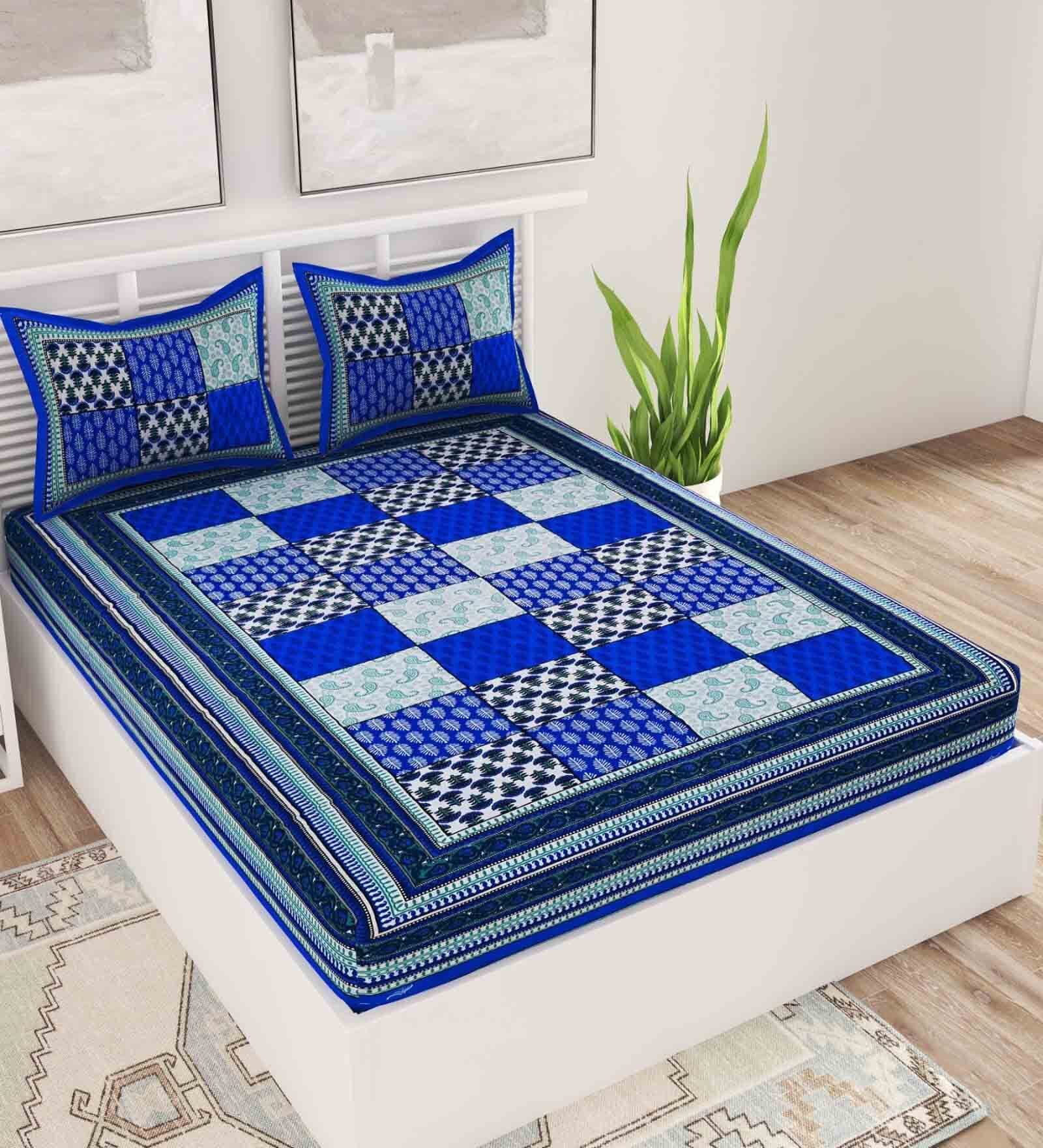 Blue Traditional 120 TC 100% Cotton Queen Bedsheet With 2 Pillow Covers