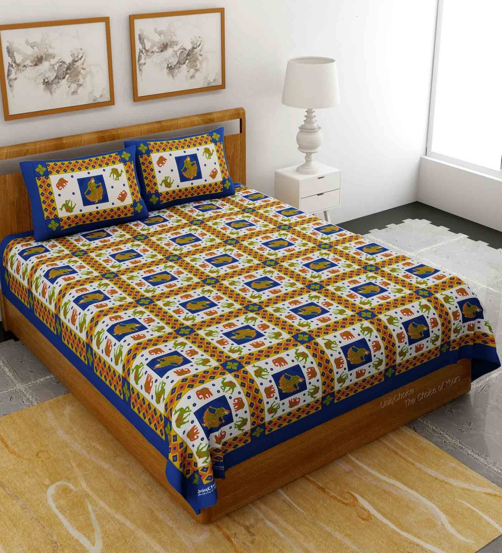 Blue Traditional 120 TC 100% Cotton Queen Bedsheet With 2 Pillow Covers