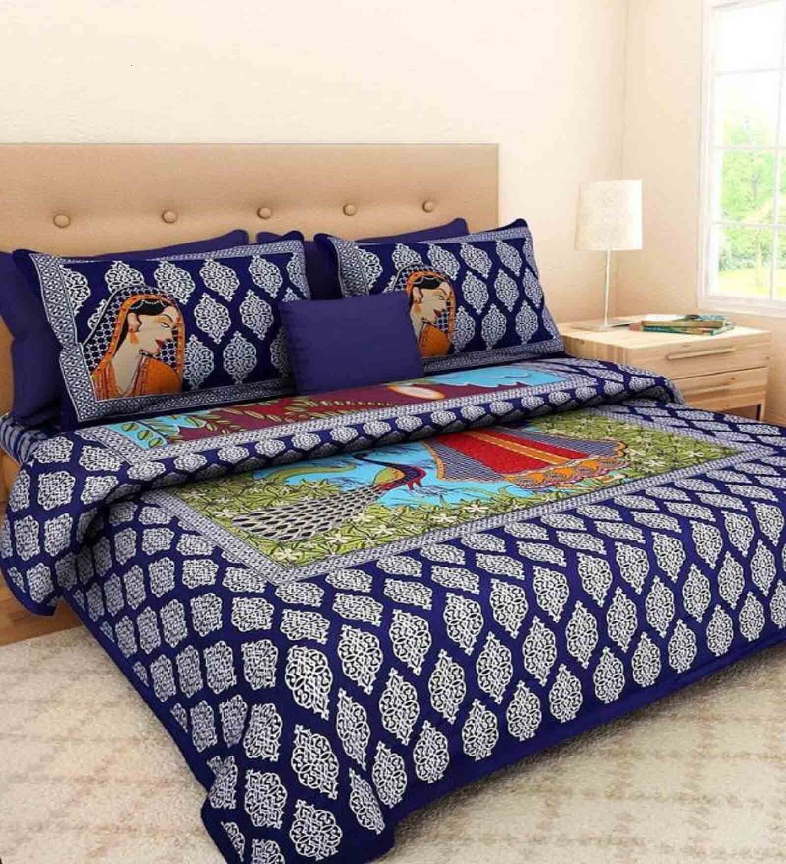Blue Traditional 120 TC 100% Cotton Queen Bedsheet With 2 Pillow Covers