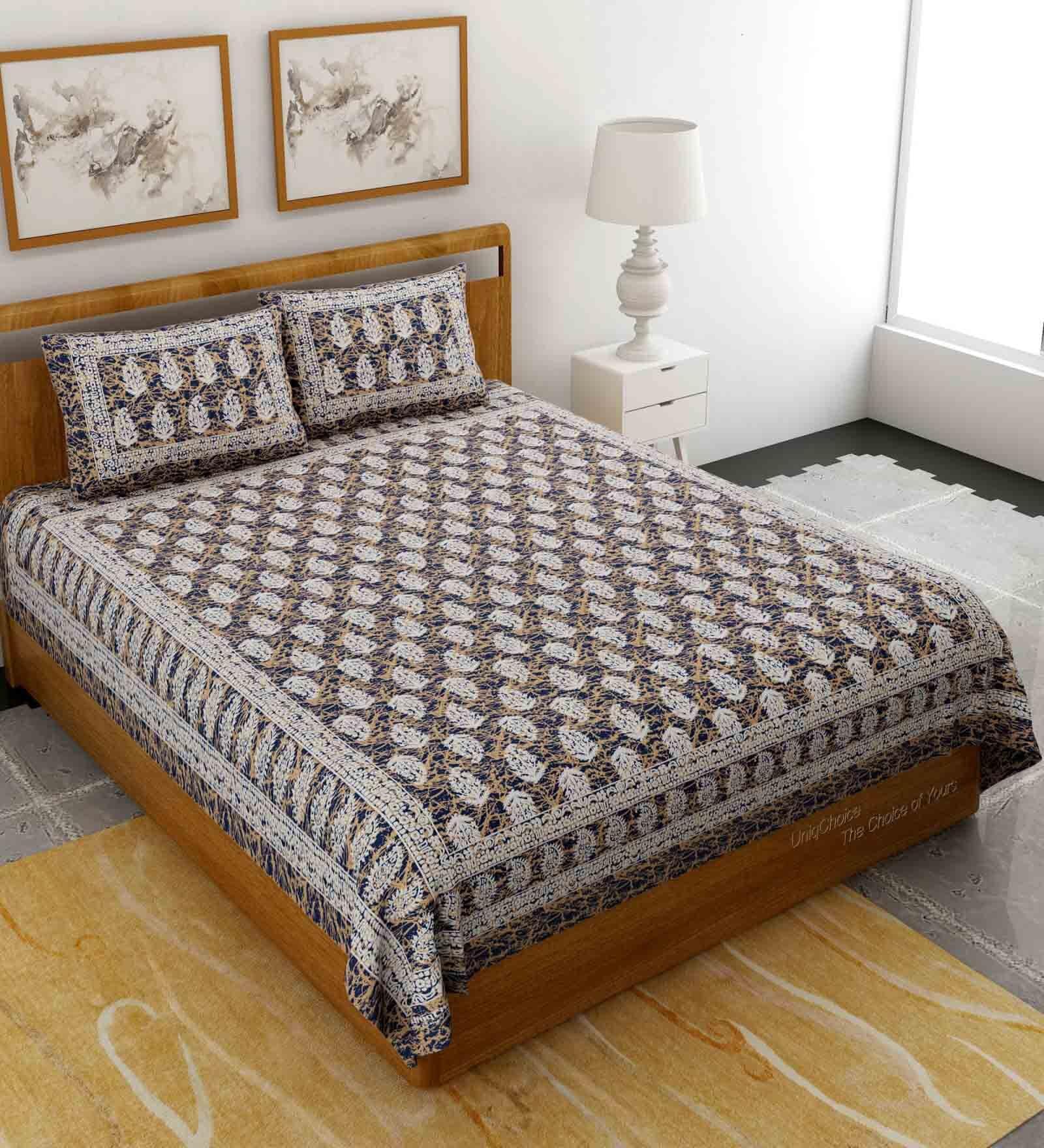 Blue Traditional 120 TC 100% Cotton Queen Bedsheet With 2 Pillow Covers