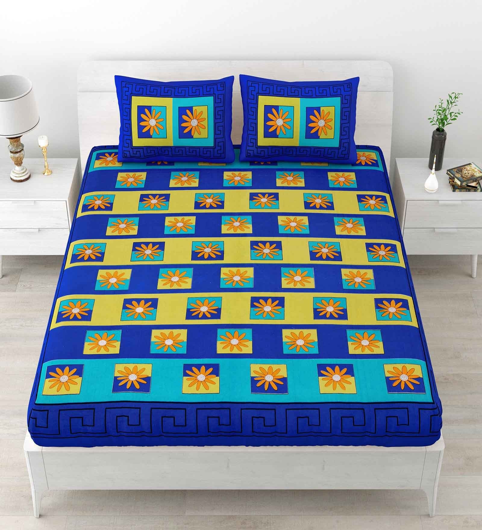 Blue Abstract 120 TC Cotton Queen Sized Bedsheet with 2 Pillow Cover