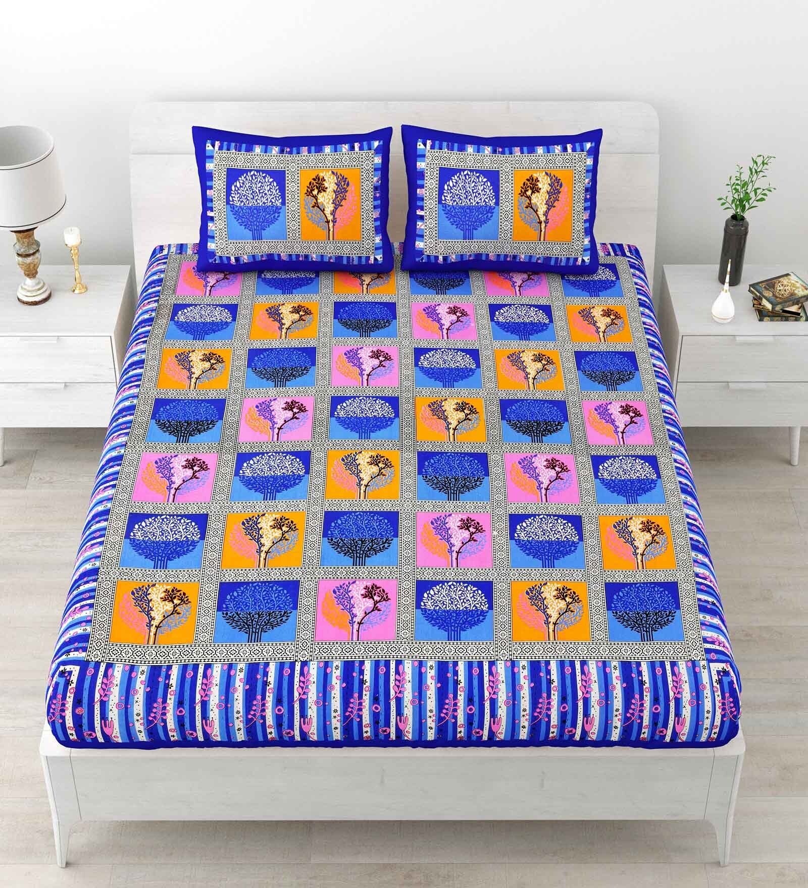 Blue Abstract 120 TC Cotton Queen Sized Bedsheet with 2 Pillow Cover