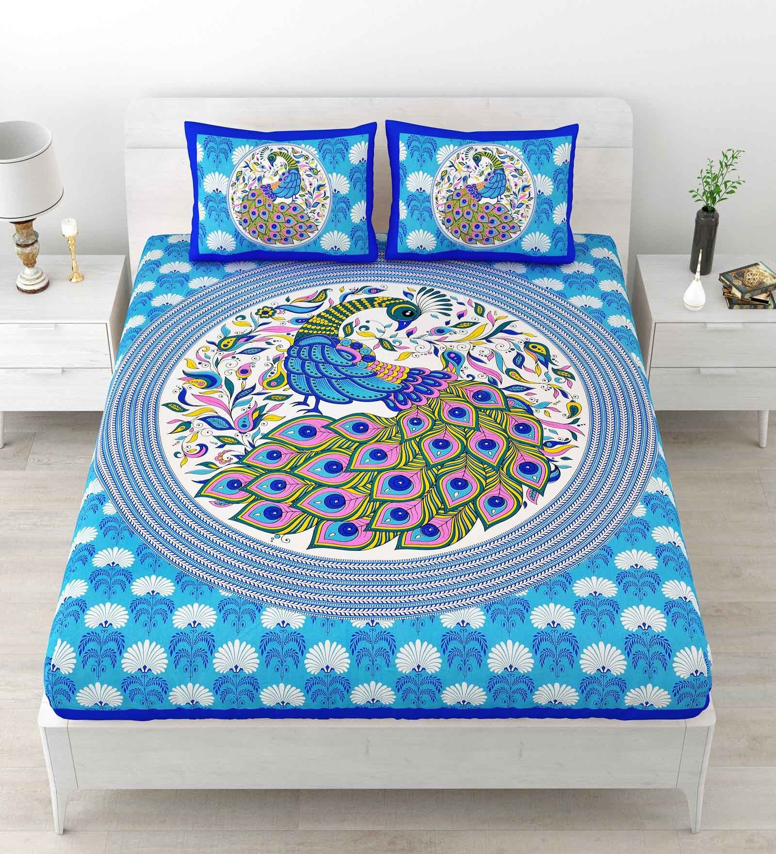 Blue Traditional 120 TC Cotton Queen Sized Bedsheet with 2 Pillow Cover