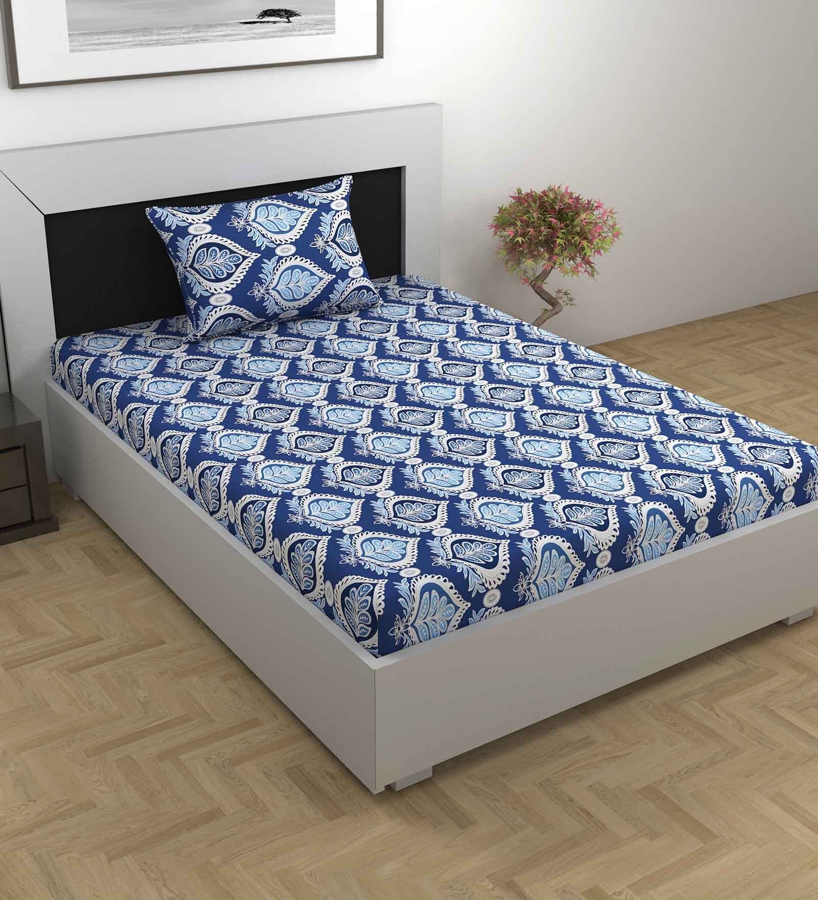 Blue Traditional 144 TC Cotton Single Bedsheet with Pillow Cover