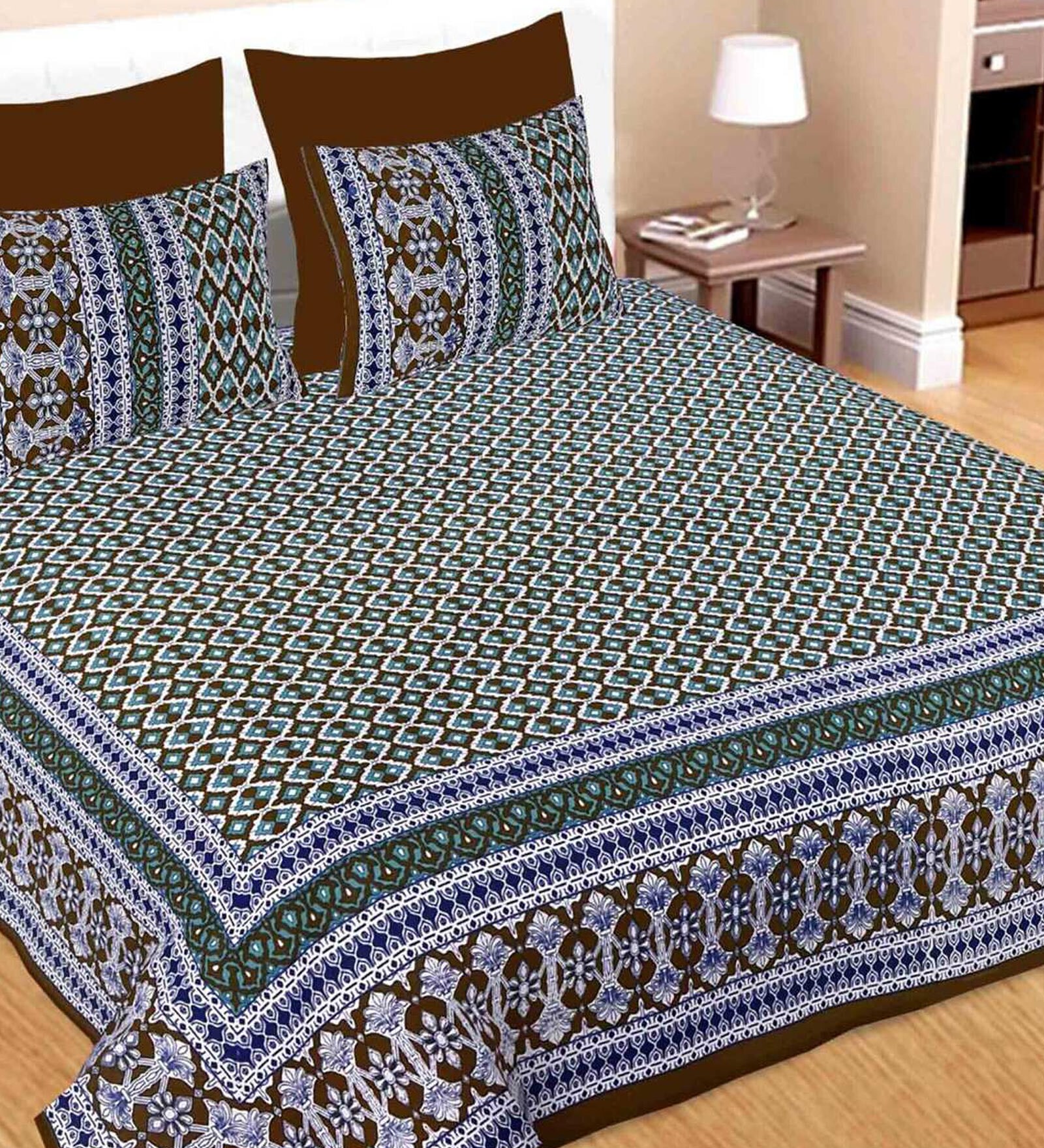 Blue Traditional 144 TC Cotton 1 Double King Size Bedsheet with 2 Pillow Covers