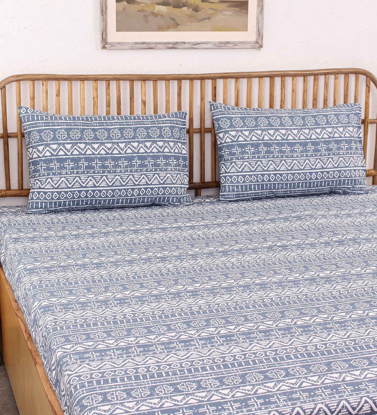 Blue Traditional 144 TC Cotton 1 King Bedsheet with 2 Pillow Cover