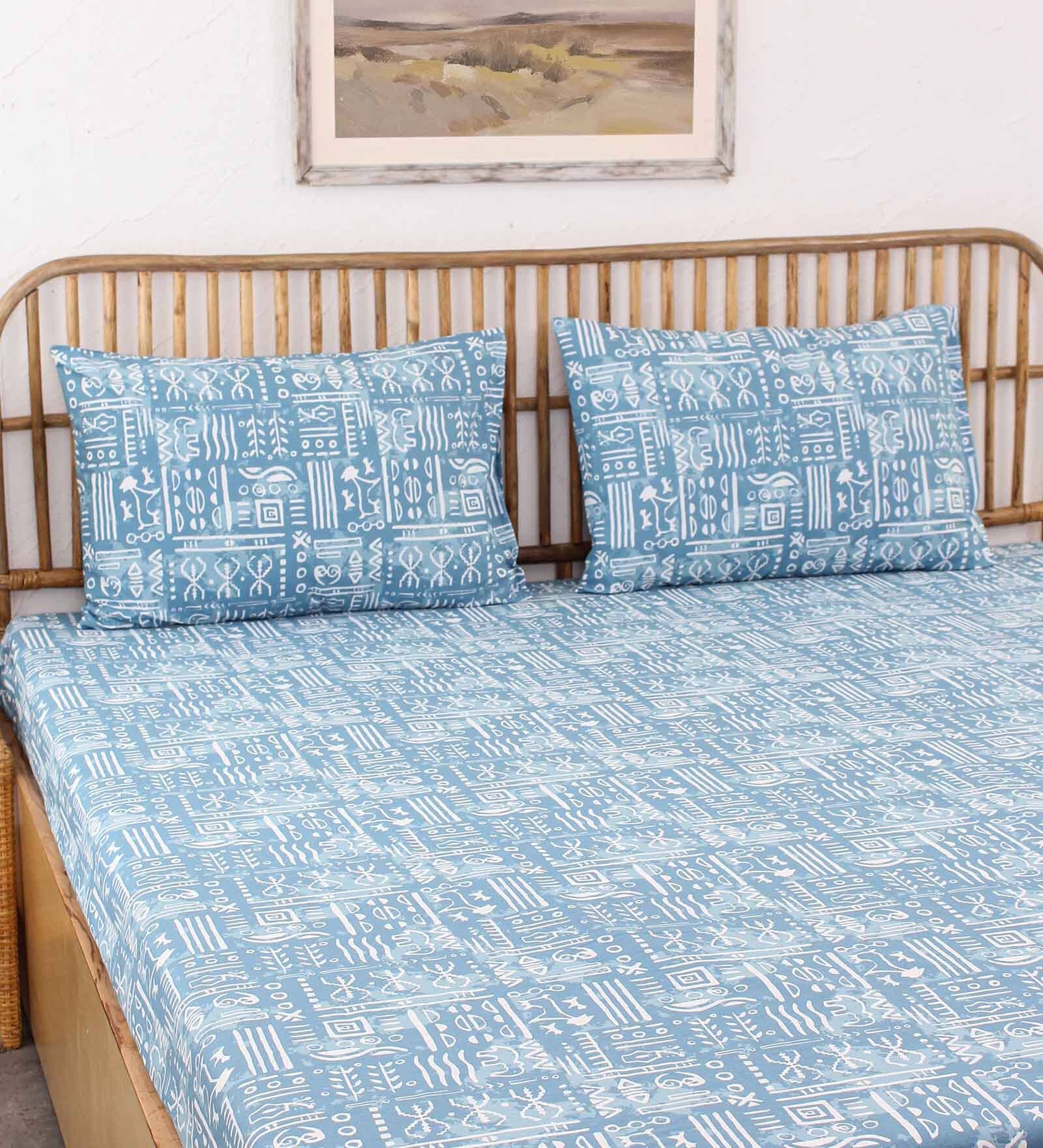 Blue Traditional 144 TC Cotton 1 King Bedsheet with 2 Pillow Cover