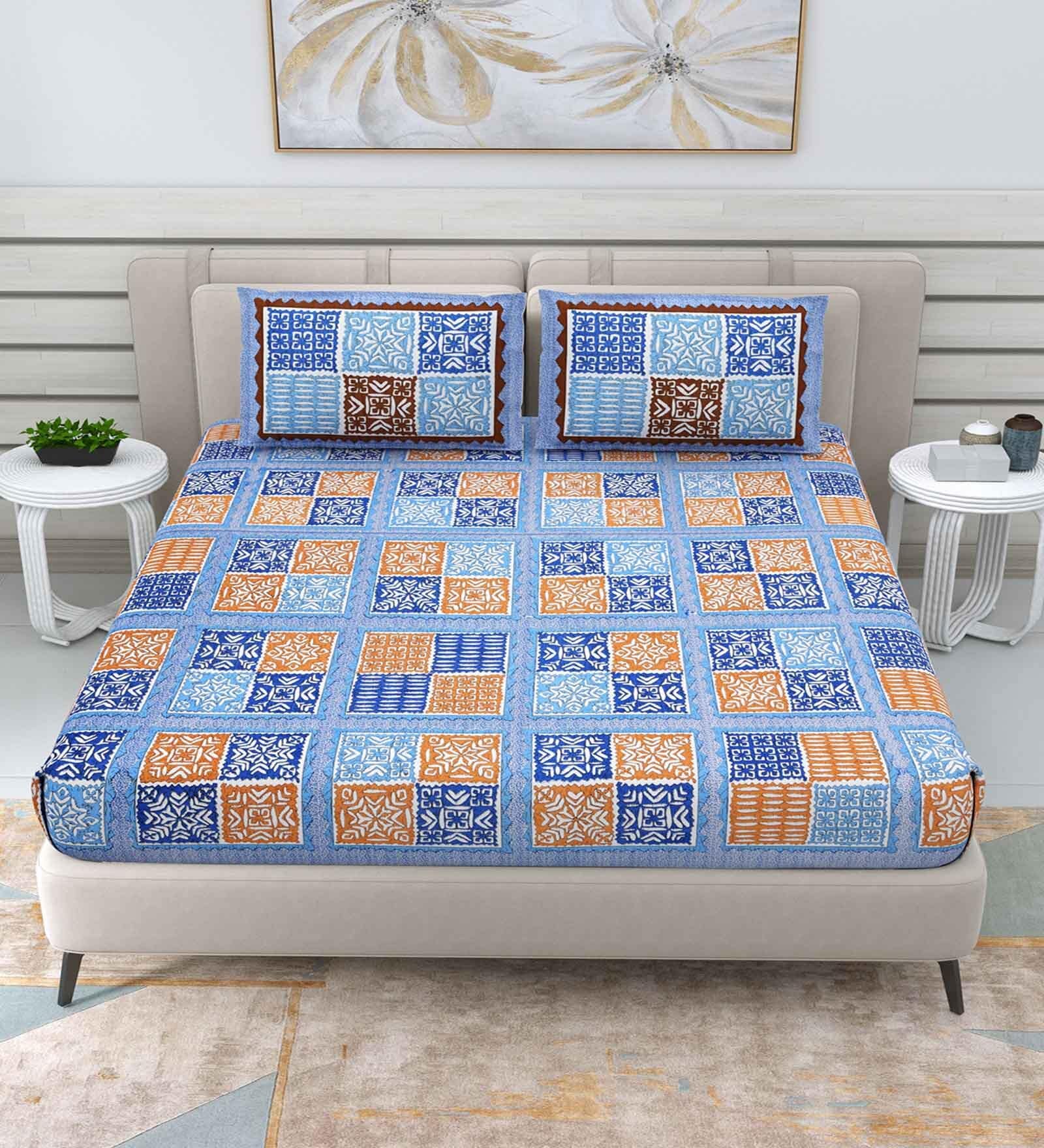 Blue Traditional 144 TC Cotton Double Queen Bedsheet With 2 Pillow Covers