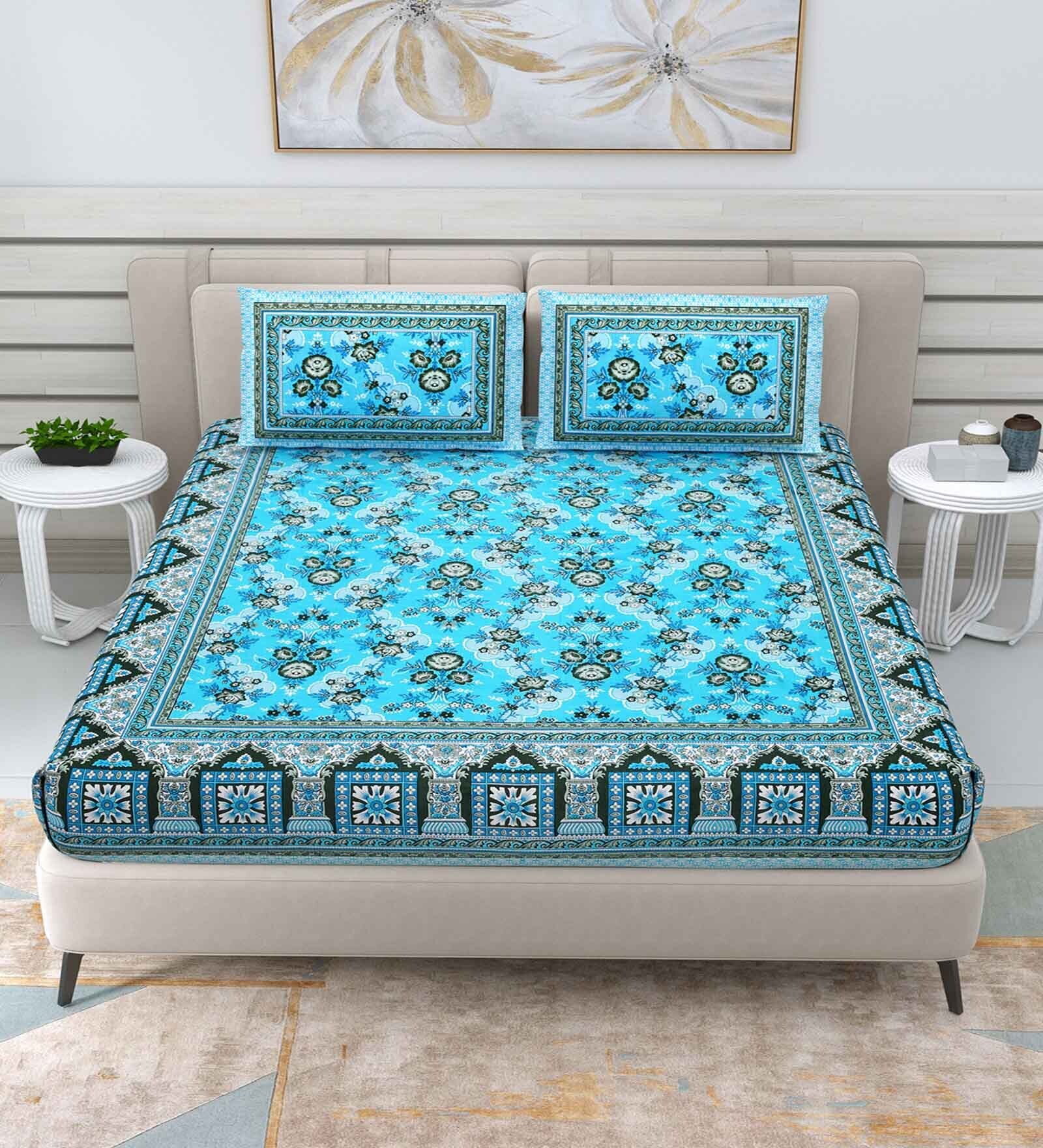 Buy Blue Traditional 144 Tc Cotton Double Queen Bedsheet With 2 Pillow