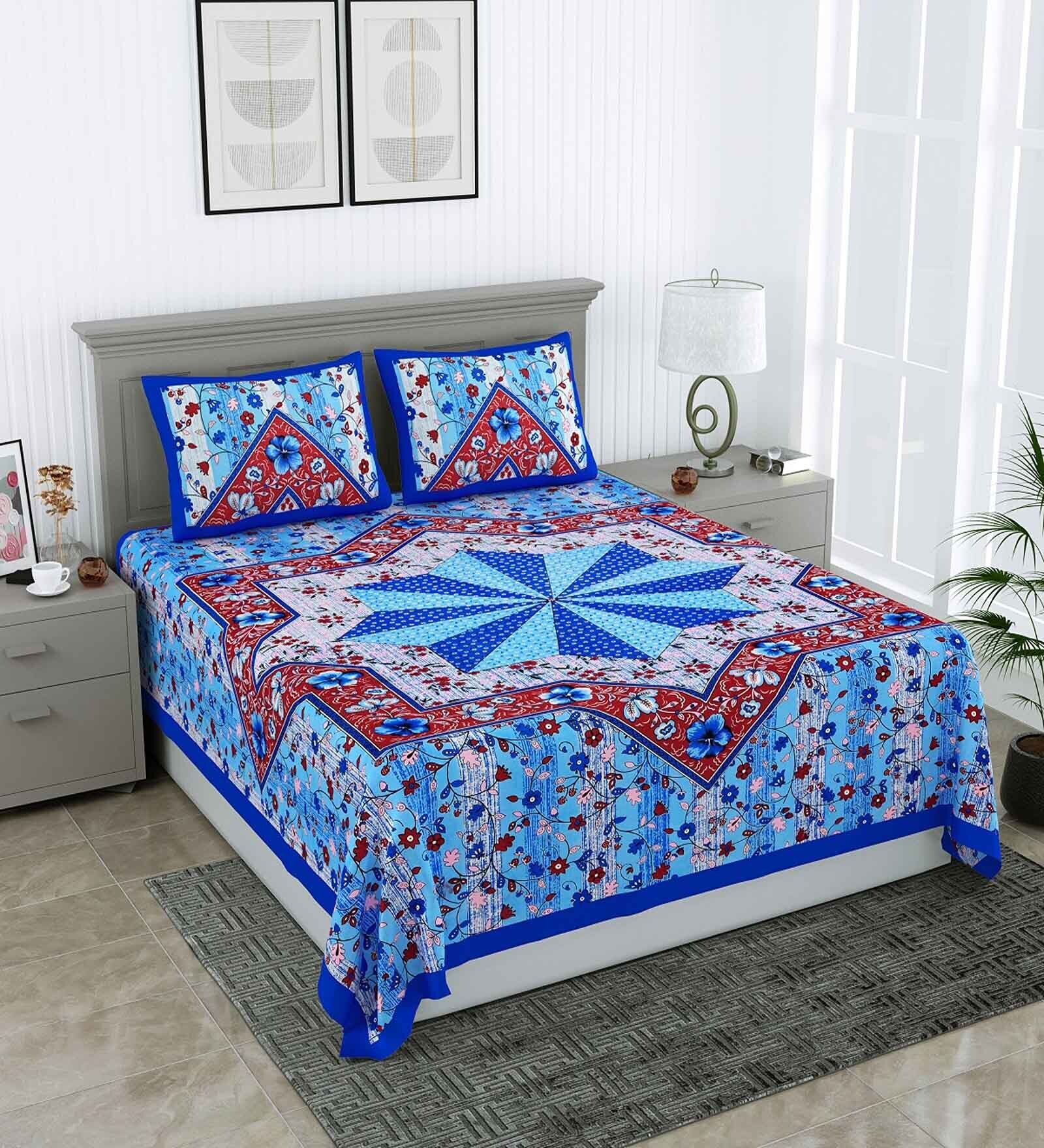 Buy Blue Traditional 144 Tc Cotton Double Queen Bedsheet With 2 Pillow