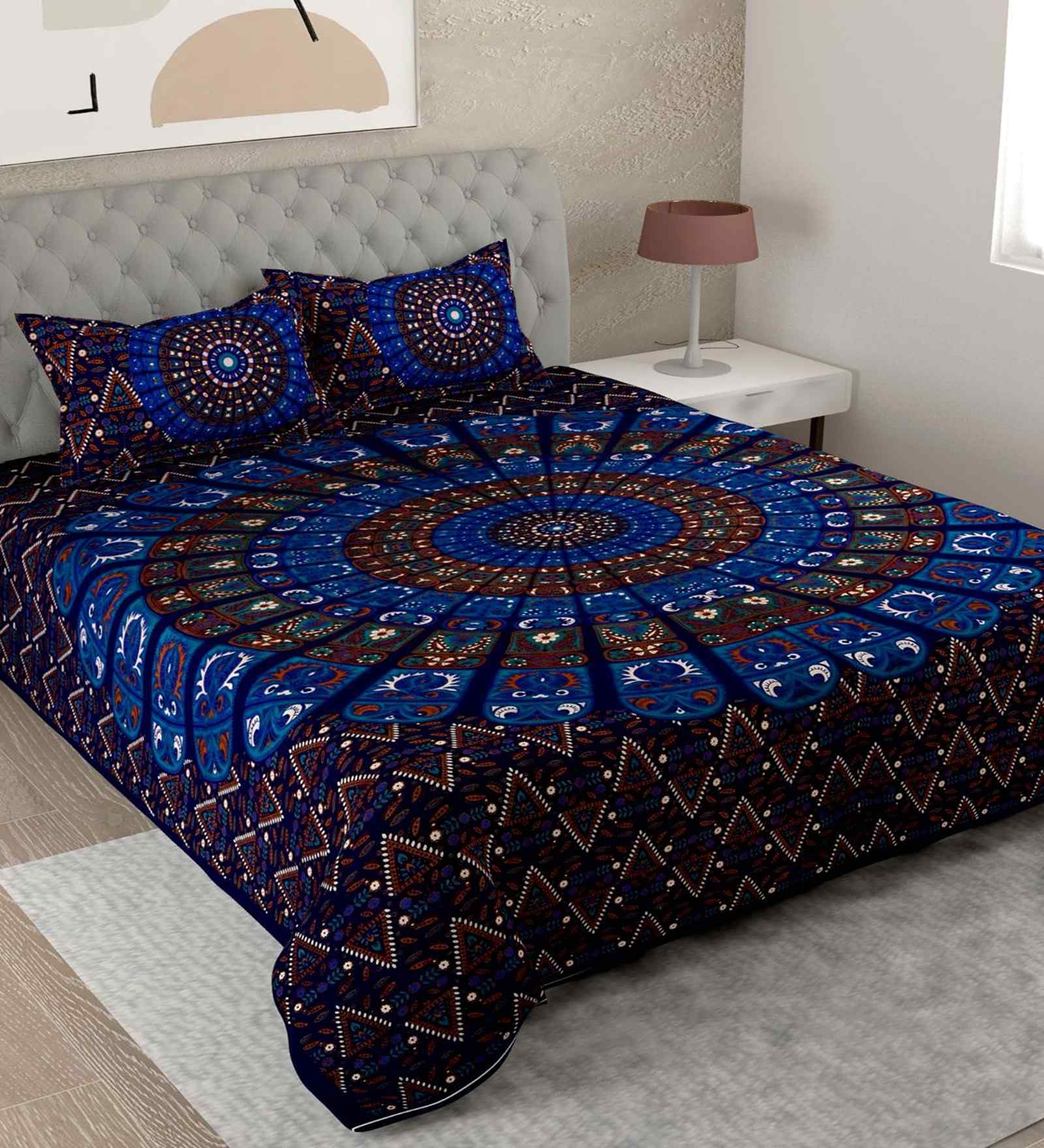 Blue Traditional 180 TC Cotton  King Sized Bedsheet with 2 Pillow Covers