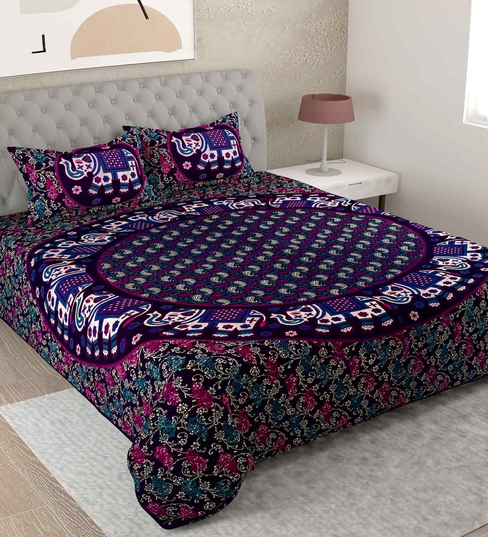 Blue Traditional 180 TC Cotton  King Sized Bedsheet with 2 Pillow Covers