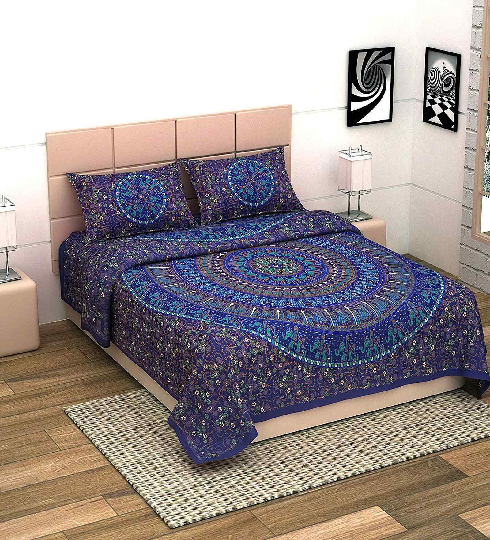 Blue Traditional 180 TC Cotton  King Sized Bedsheet with 2 Pillow Covers