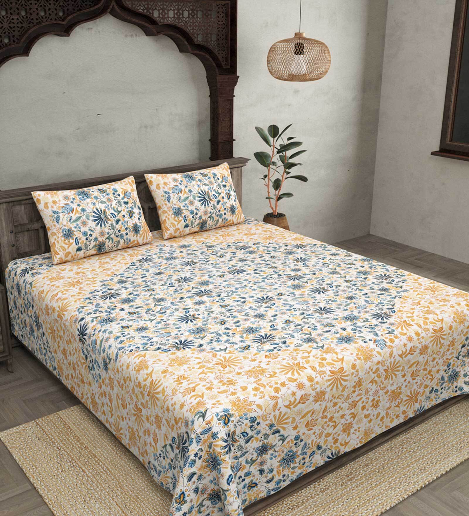 Blue Floral 180 TC Cotton Queen Sized Bed Sheets with 2 Pillow Covers