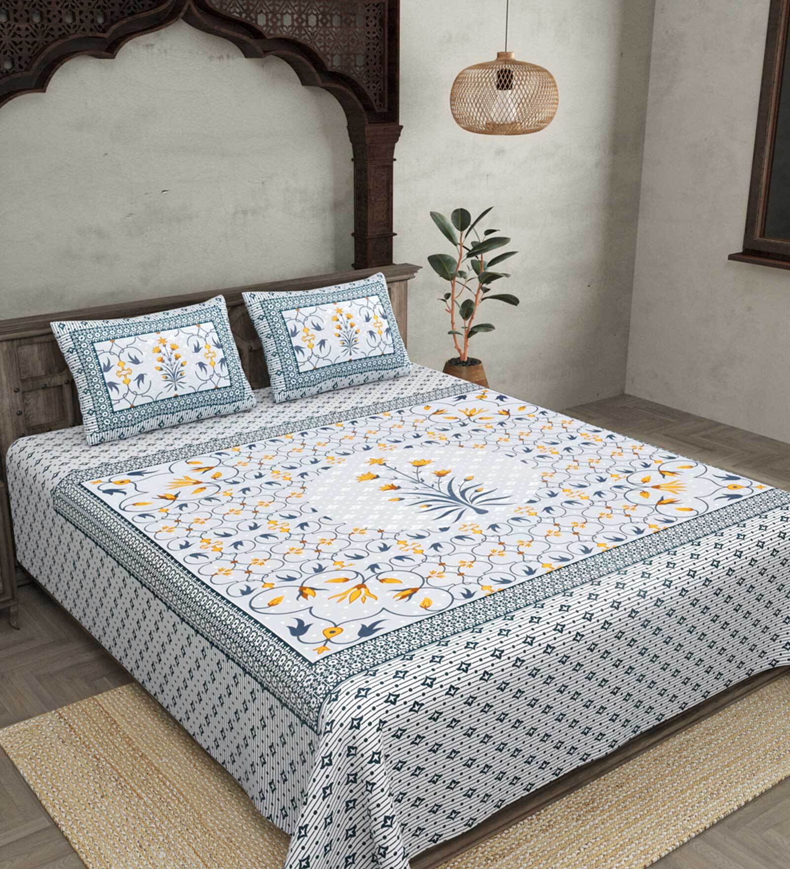 Blue Floral 180 TC Cotton Queen Sized Bed Sheets with 2 Pillow Covers