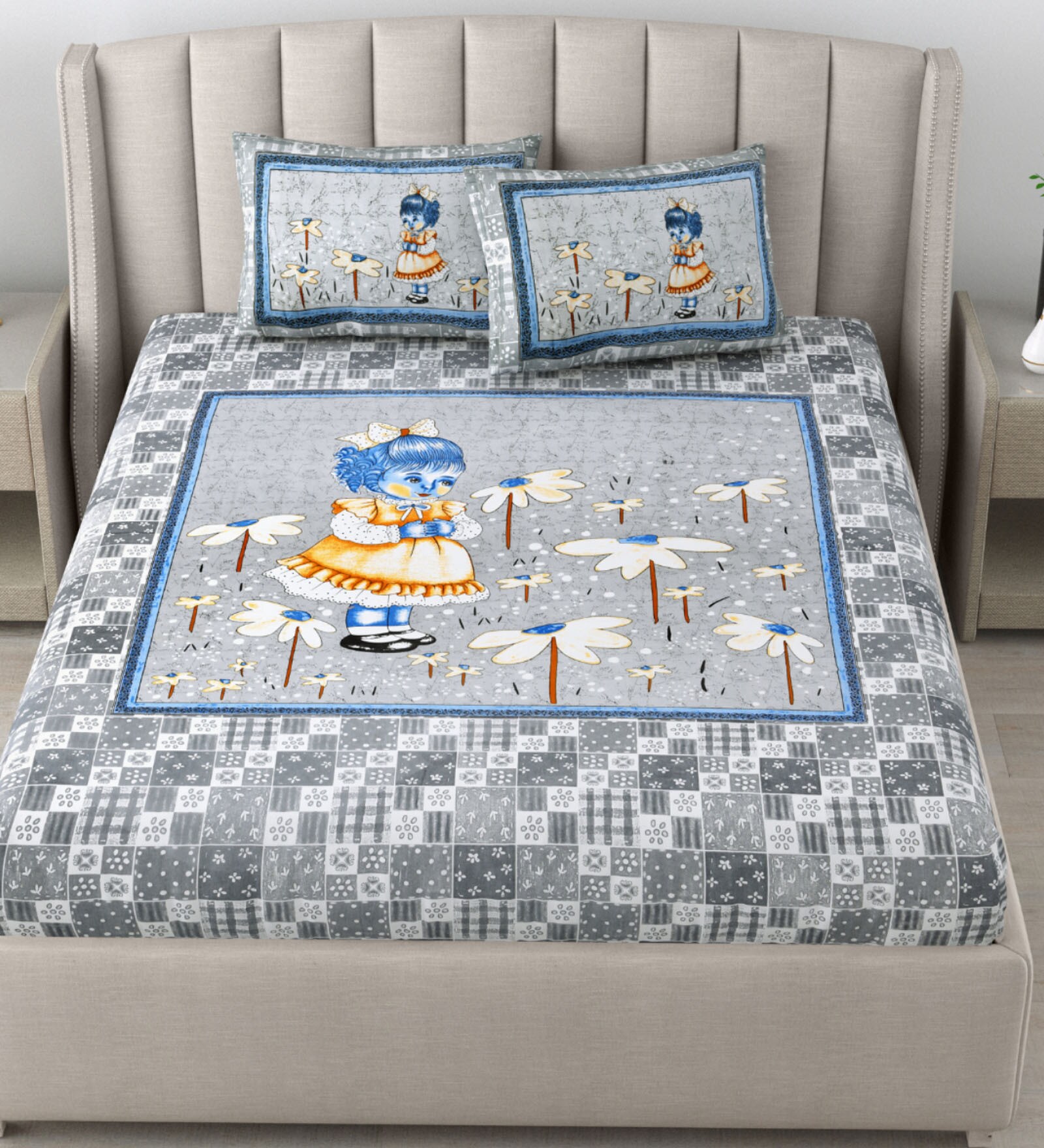 Blue Traditional 180 TC Cotton Printed Bedsheet With Two Pillow Covers For Queen Bed (Doll Printed ,Blue ,153 GSM) Blue Traditional 180 TC Cotton Printed Bedsheet With Two Pillow Covers For Queen Bed (Doll Printed ,Blue ,153 GSM)