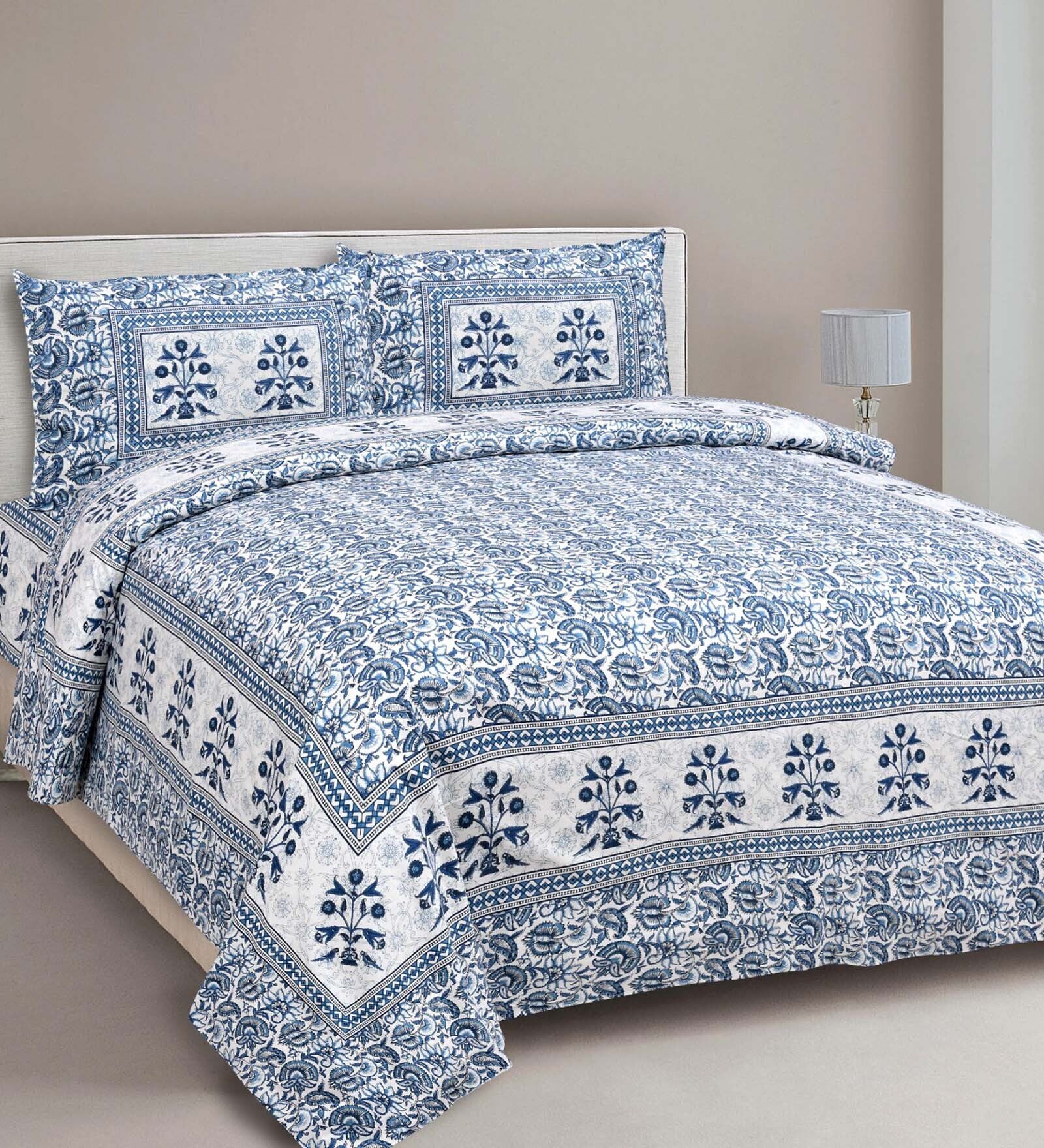 Buy Blue Traditional 200 TC 100 Cotton Double King Bedsheet With 2