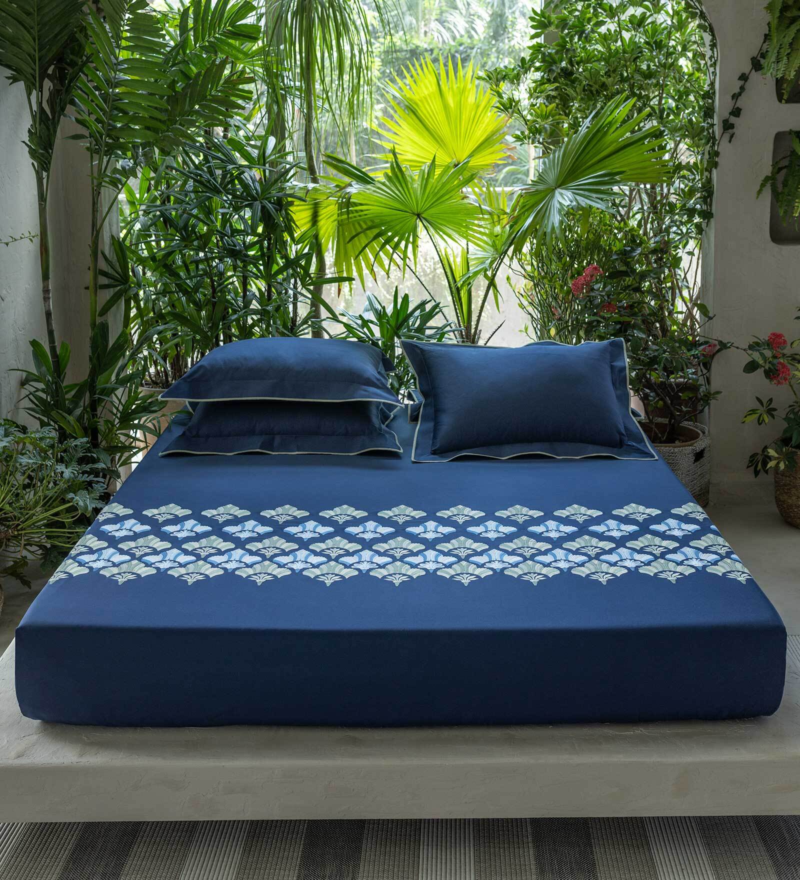 Buy Blue Traditional 210 TC 100% Cotton King Sized Bed Sheets With 2 ...