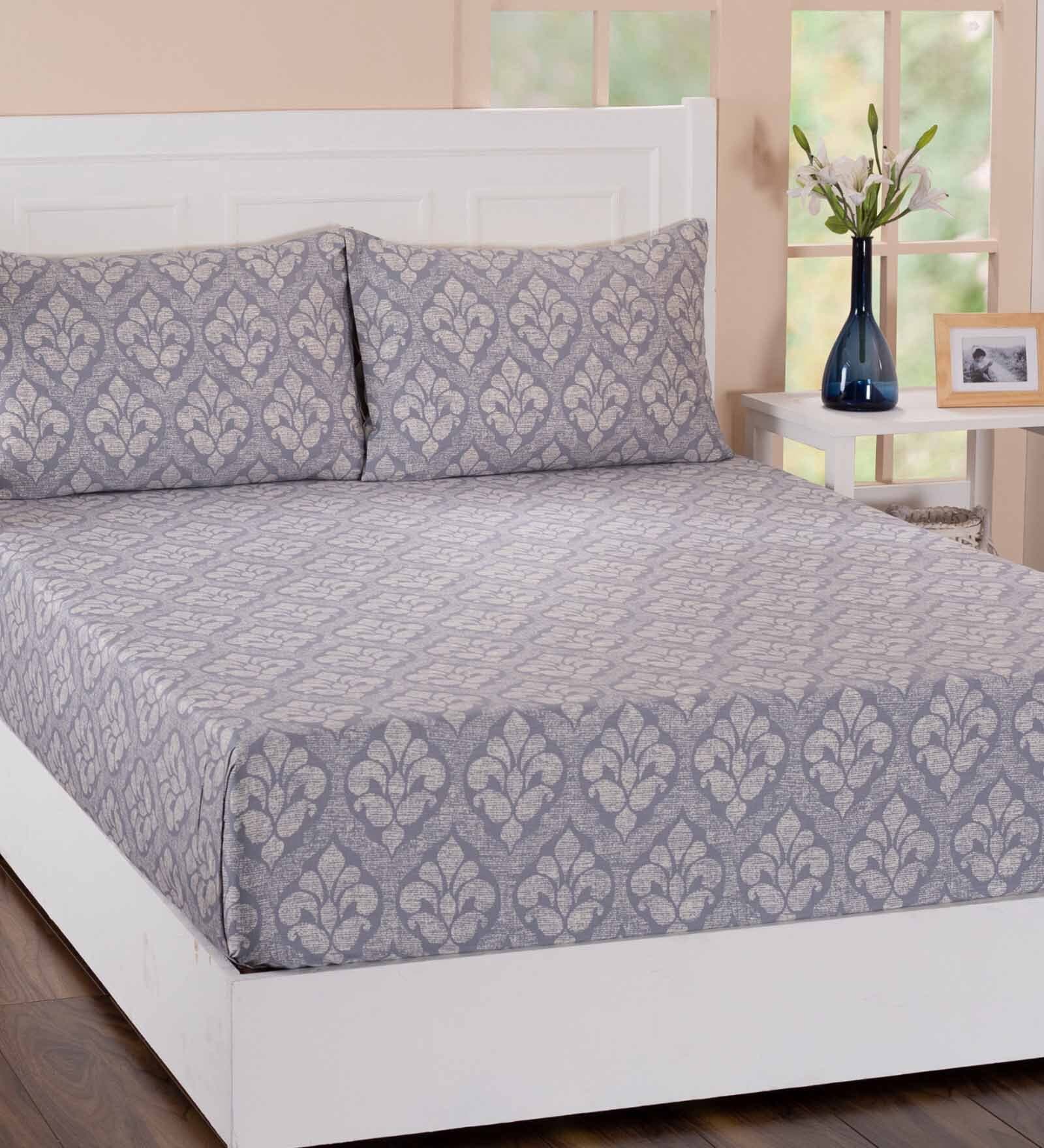 Blue Traditional 210 TC Cotton 1 Double King Size Bedsheet With 2 Pillow Covers Folklore Collection