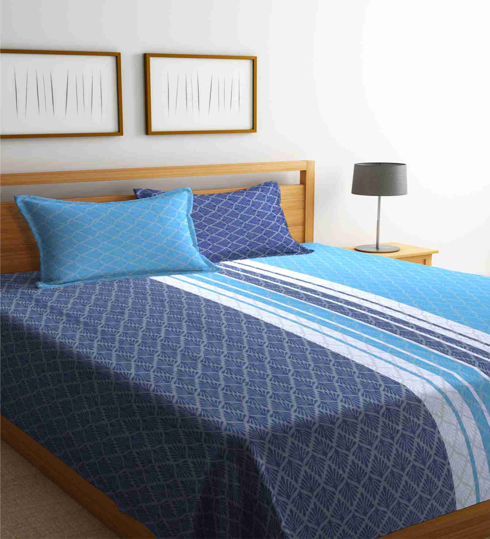 Buy Blue Traditional 300 TC Cotton Double Bed Cover with 2 Pillow