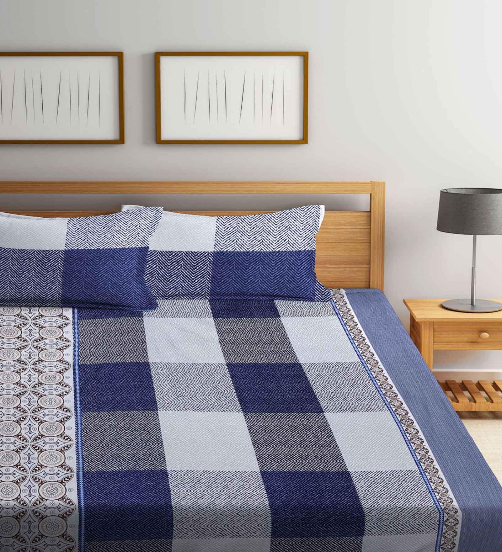 Blue Checkered 300 TC Cotton Blend Double King Sized Bedsheet With 2 Pillow Covers