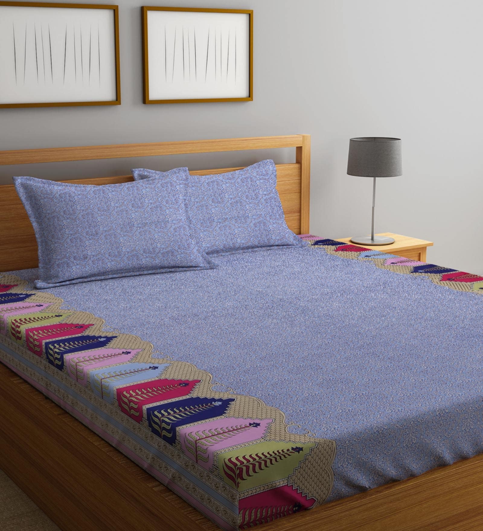 Blue Traditional 300 TC Cotton King Sized Bed Sheets with 2 Pillow Covers