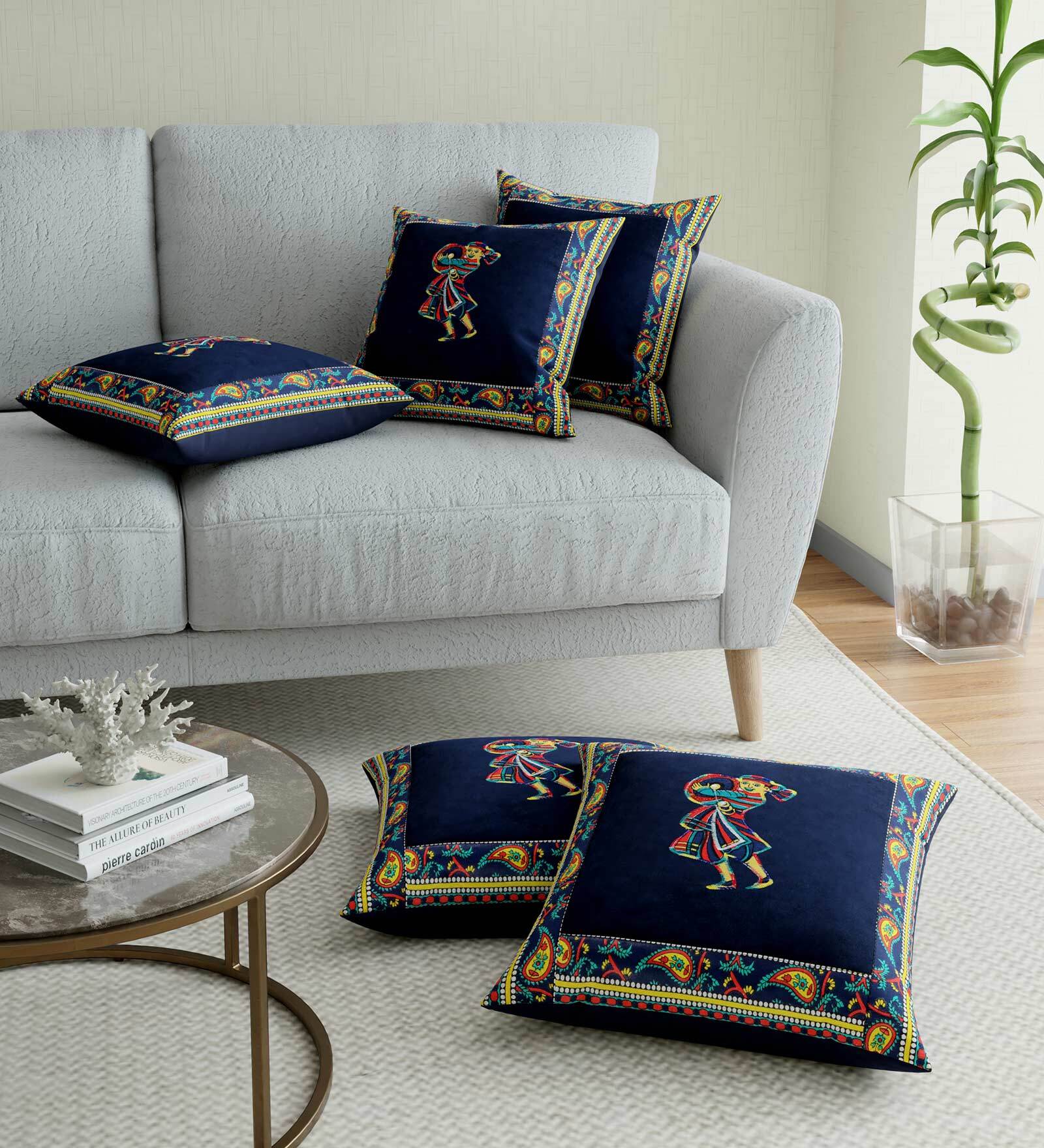 Buy Blue Traditional Cotton Embroidered Cushion Cover by JAIPUR FABRIC