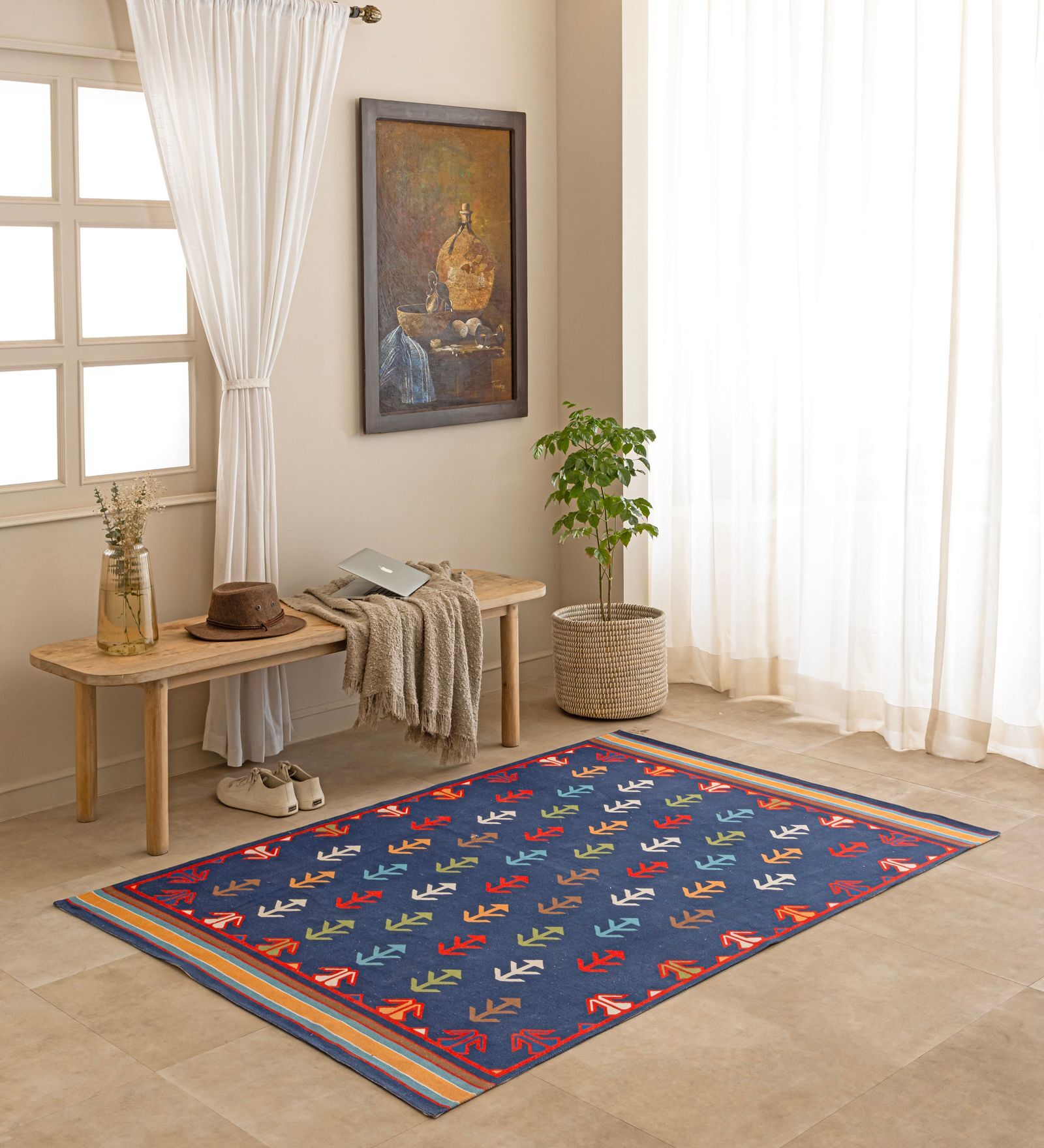 Blue Traditional Hand Woven 5 Ft X 3 Ft  Dhurrie