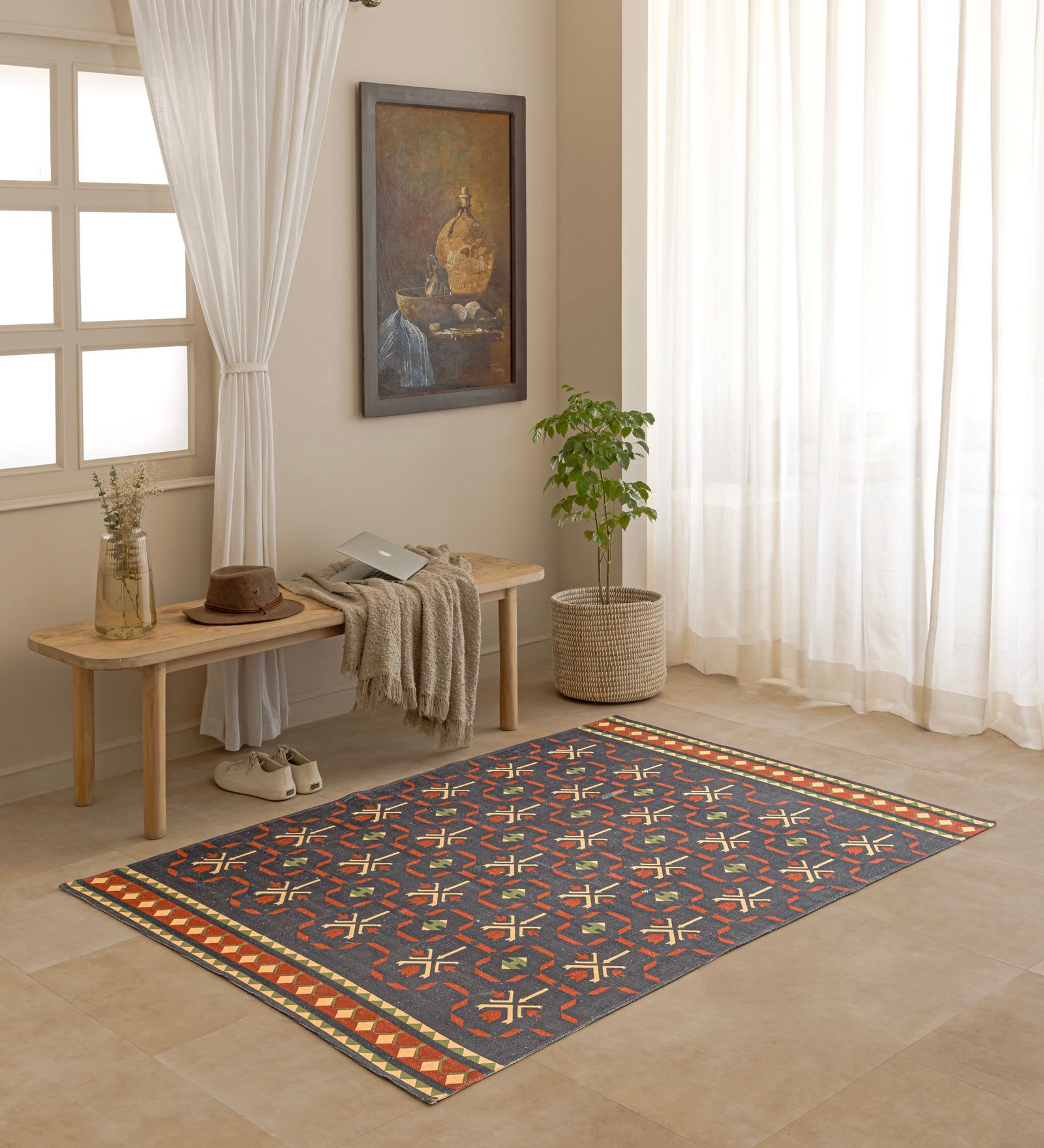 Blue Traditional Hand Woven 6 Ft X 4 Ft  Dhurrie