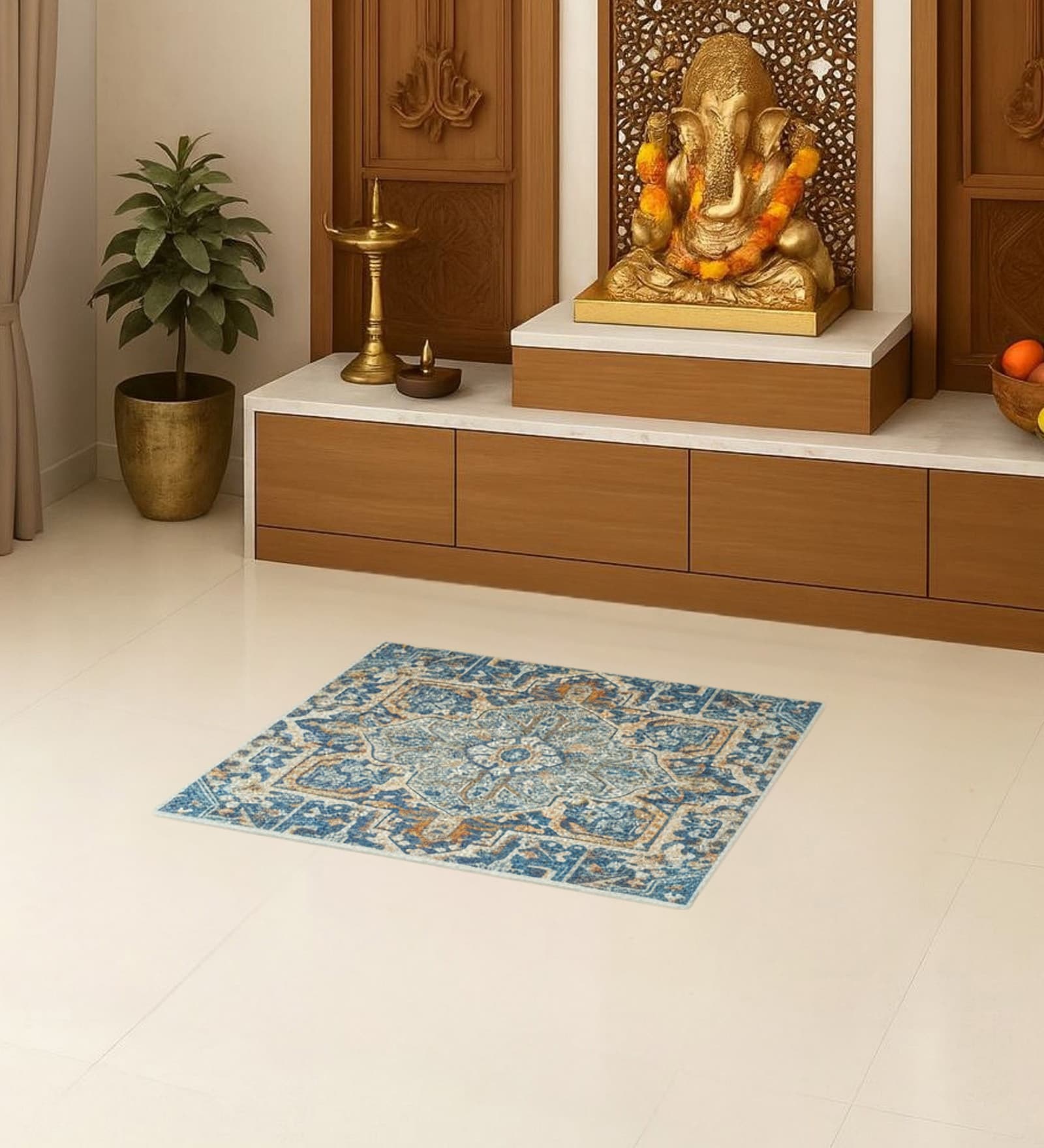 Blue Traditional Polyester 24x24 Inches Skid-Resistant Backing Prayer Mats (Pack of 1)