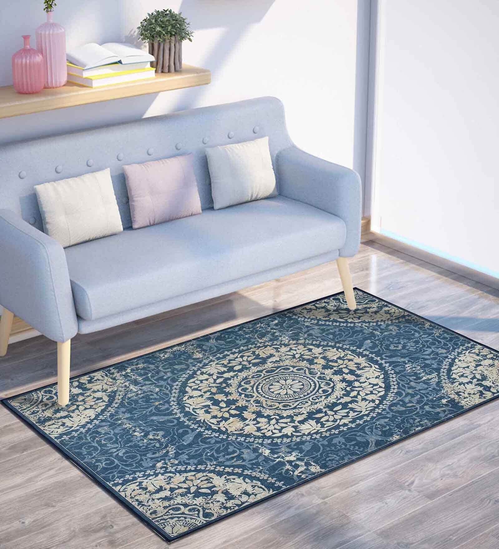 Blue Traditional Polyester 3 ft x 5 ft Machine made Carpet