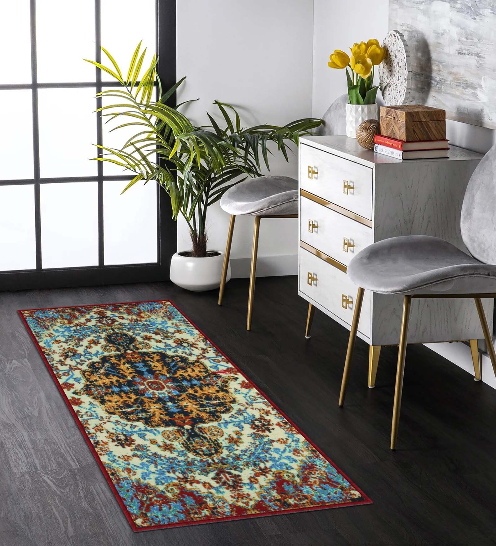 Blue Traditional Polyester 5 ft x 2 ft Machine Made Runner