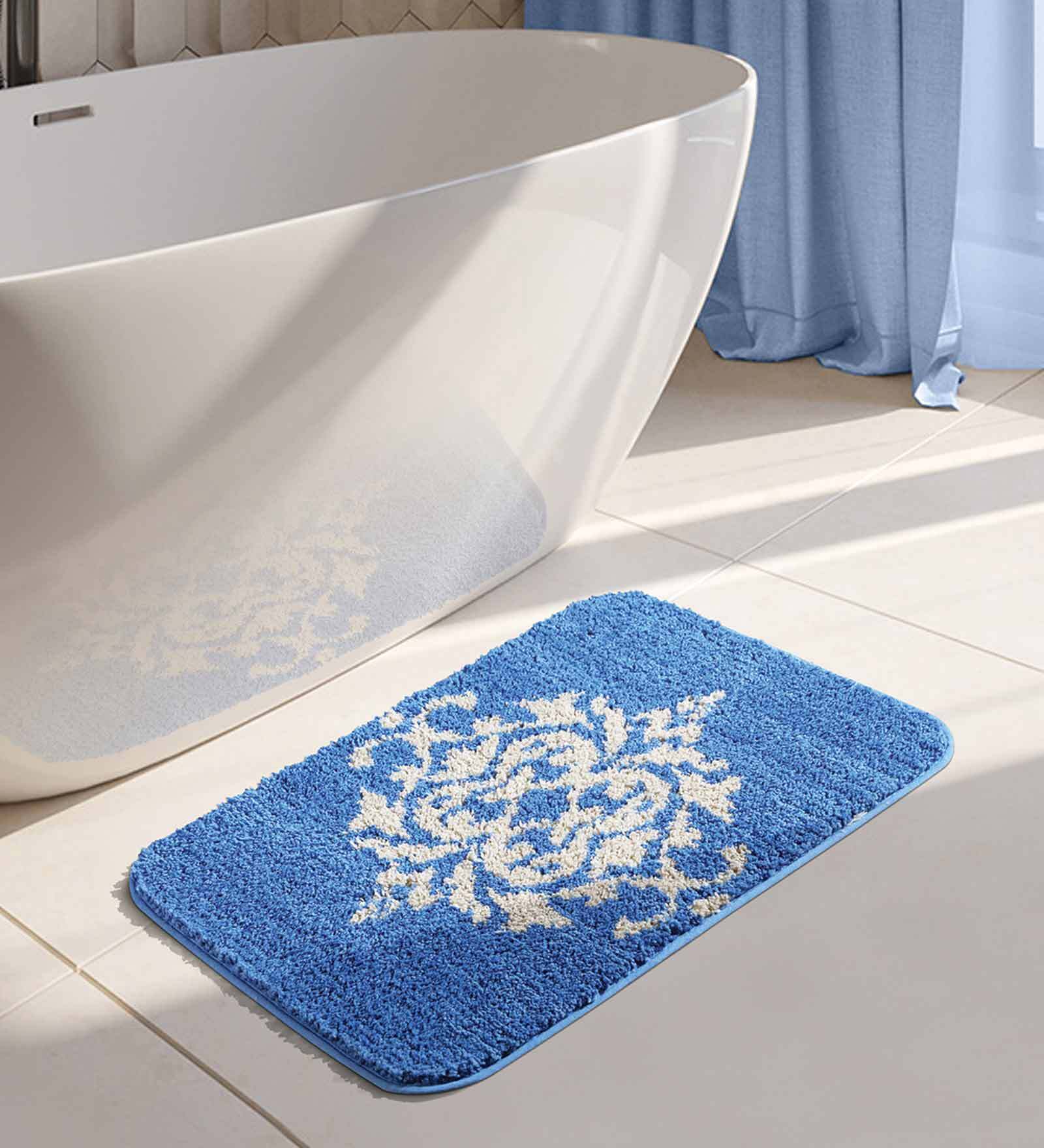 Blue & White Traditional Polyester 24x16 Inches AntiSkid Bath Mat