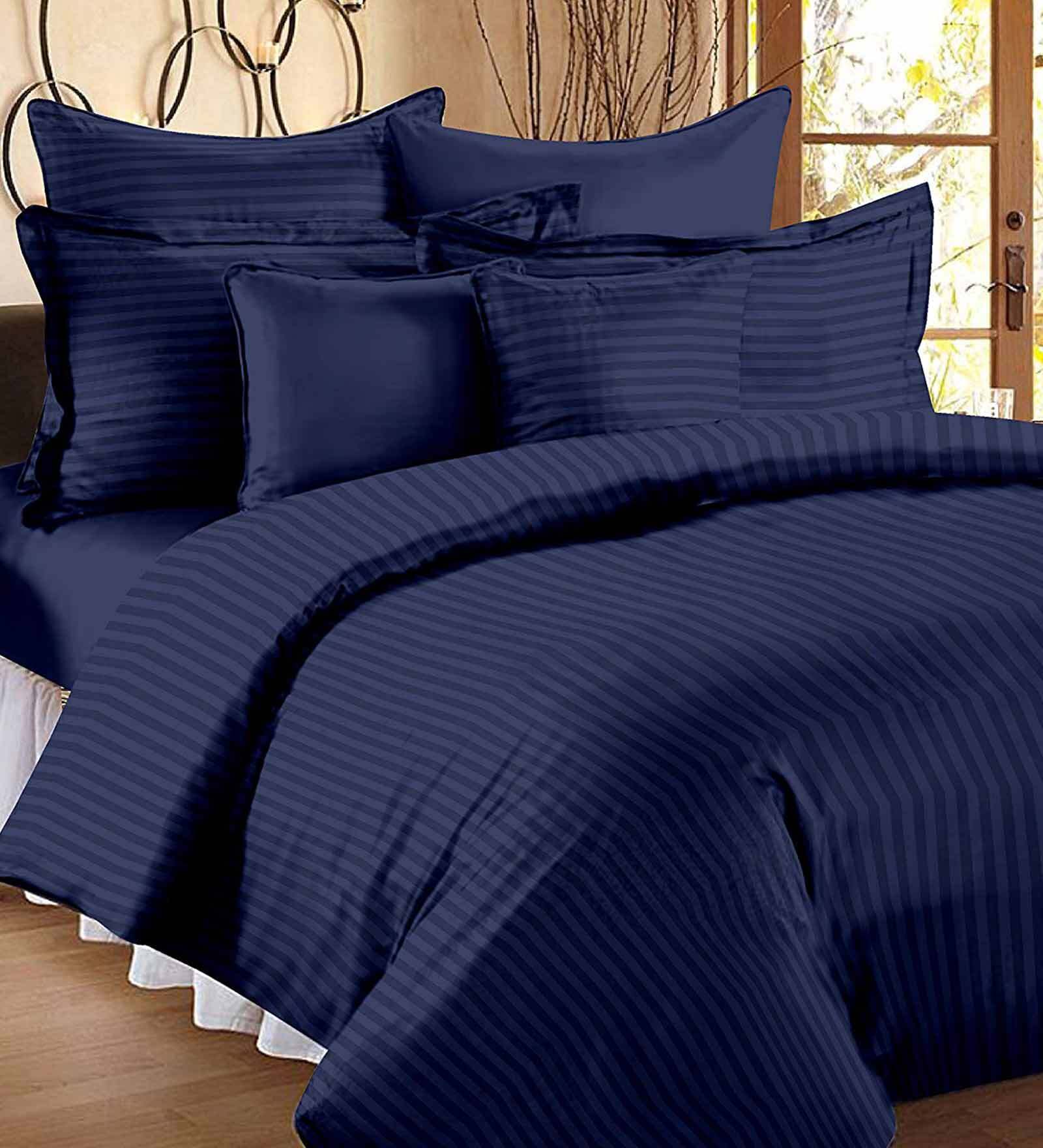 Blue Striped TC 300 Cotton  Double Bed Sheet With 2 Pillow Covers
