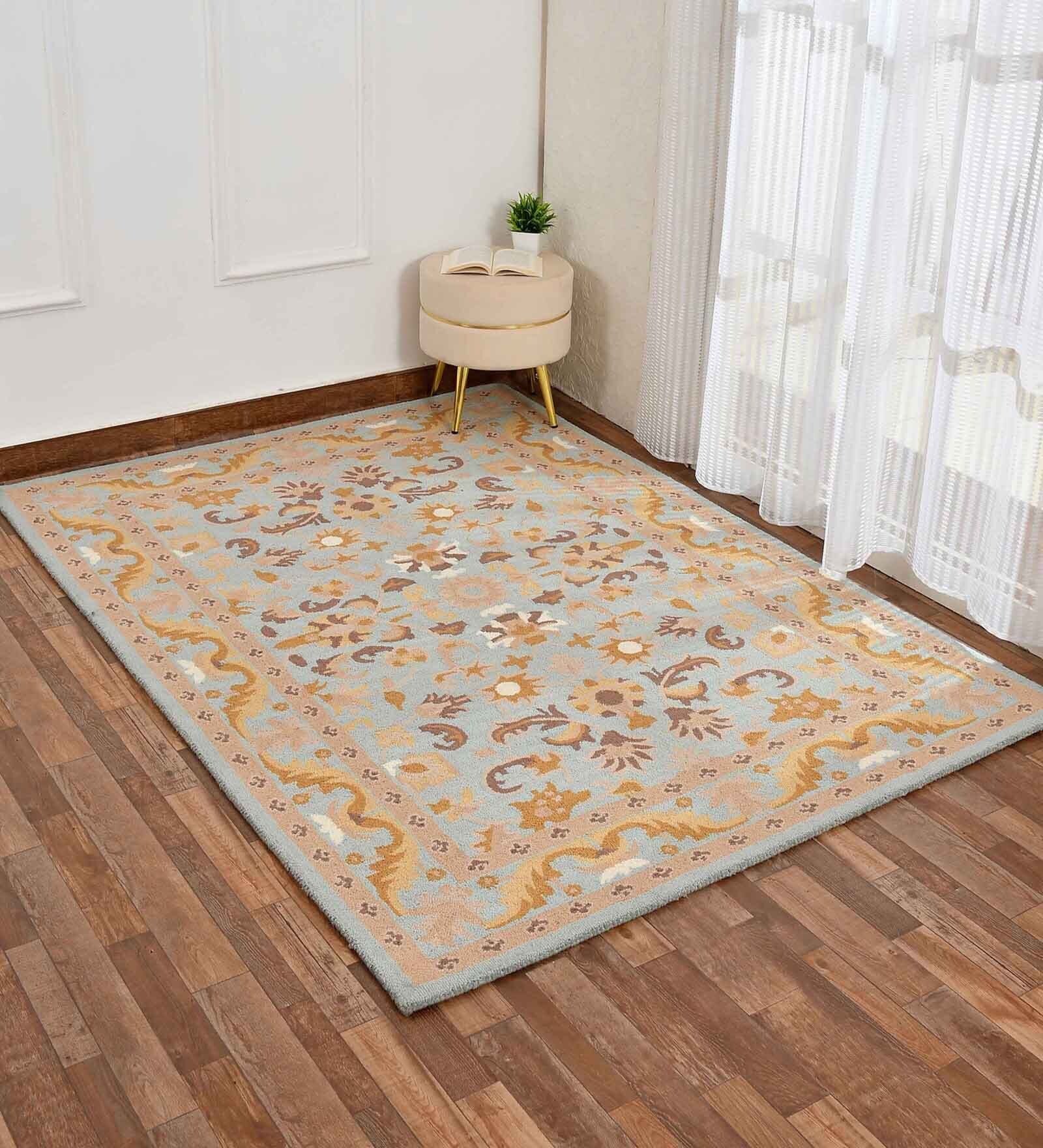 Blue Traditional Wool 6 ft x 9 ft Hand Tufted Carpet