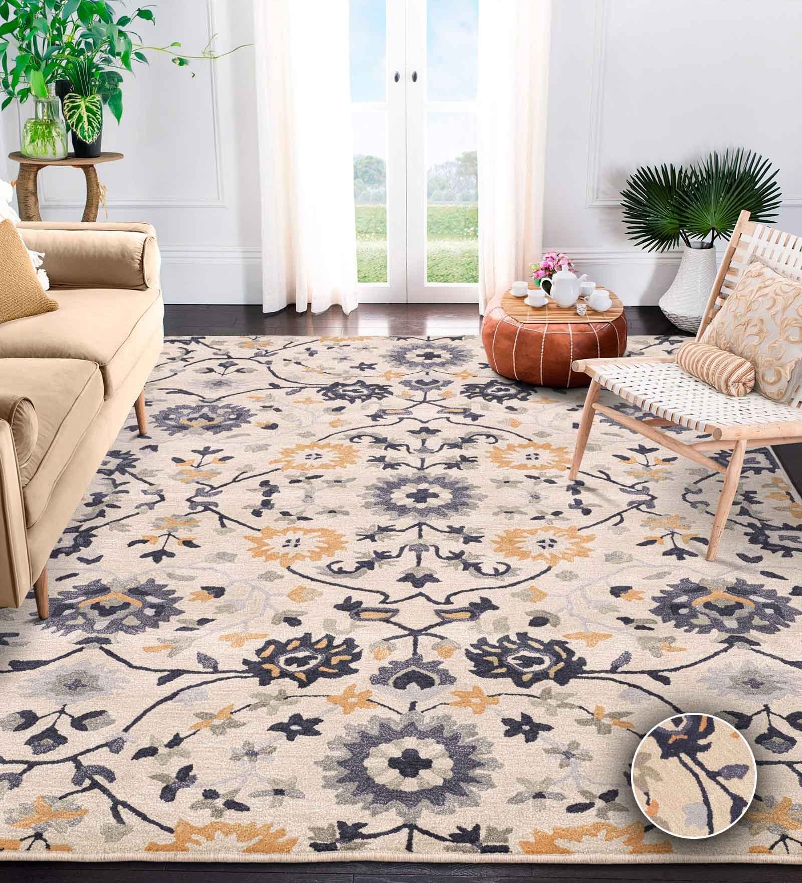Beige Traditional Wool Blend 4' X 6' Hand Tufted Carpet
