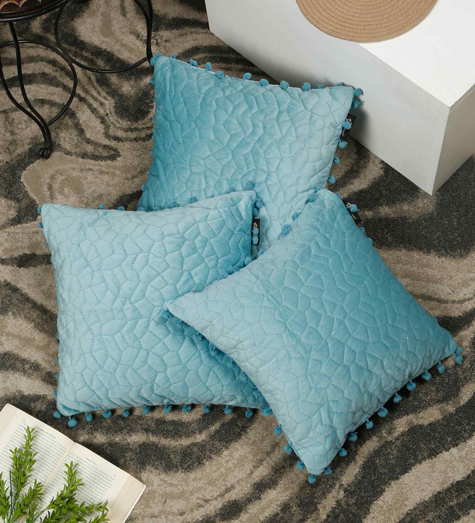Blue Velvet Abstract 16X16 Inches Cushion Covers (Pack of 3)